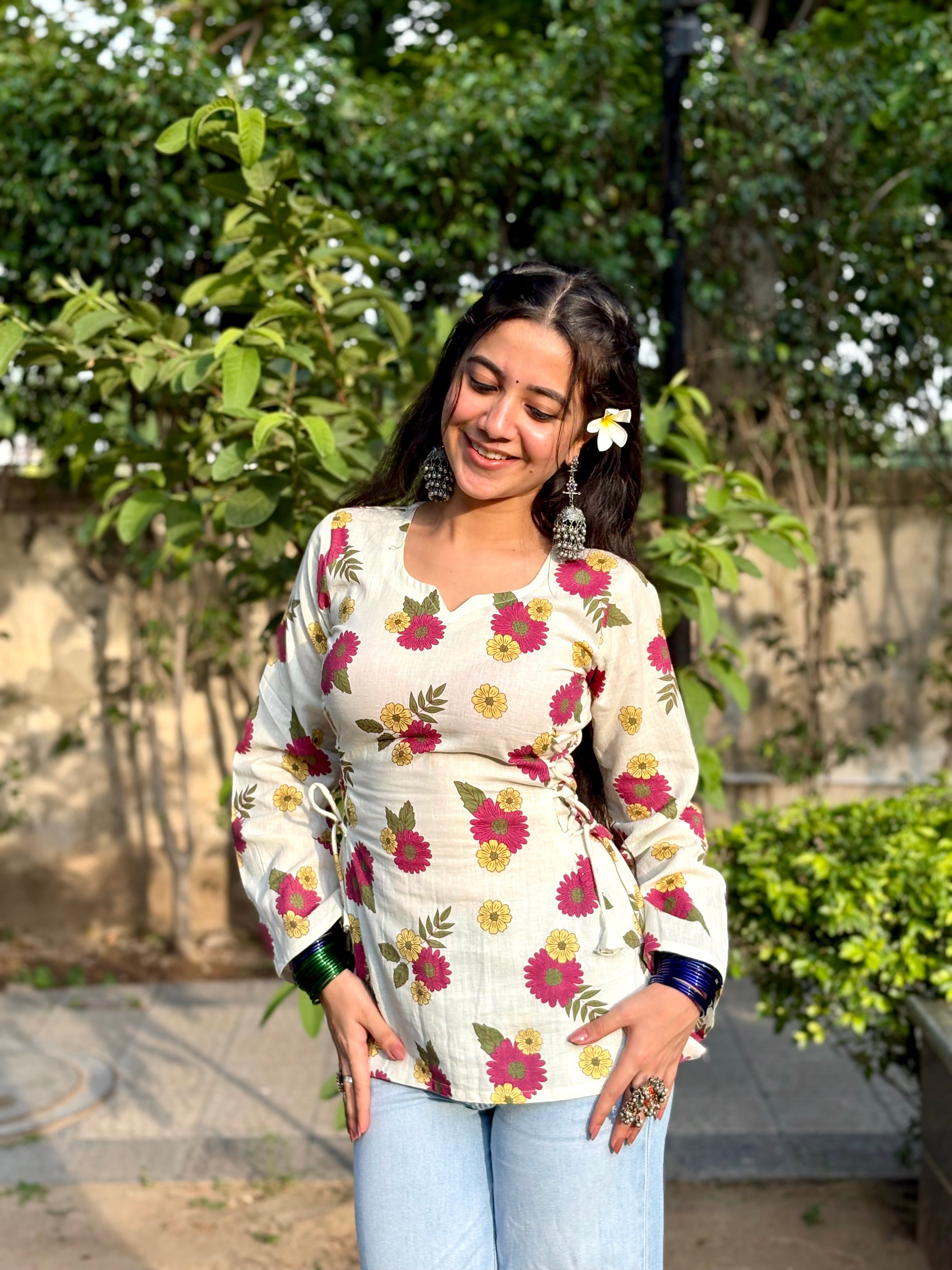 Ayesha Cotton-Linen Floral Kurti