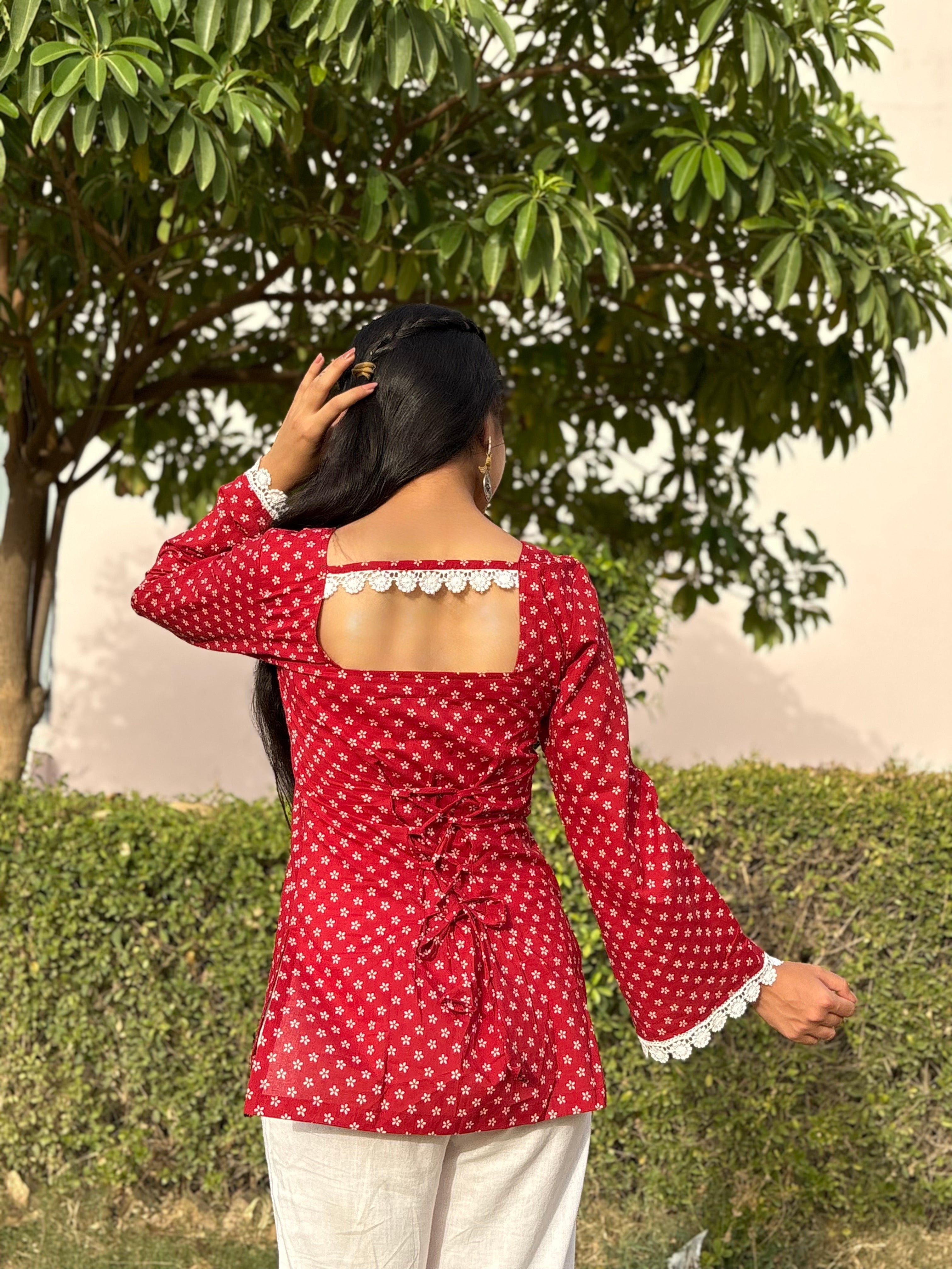 Falak Red Sweetheart Neck Corset Back Kurti