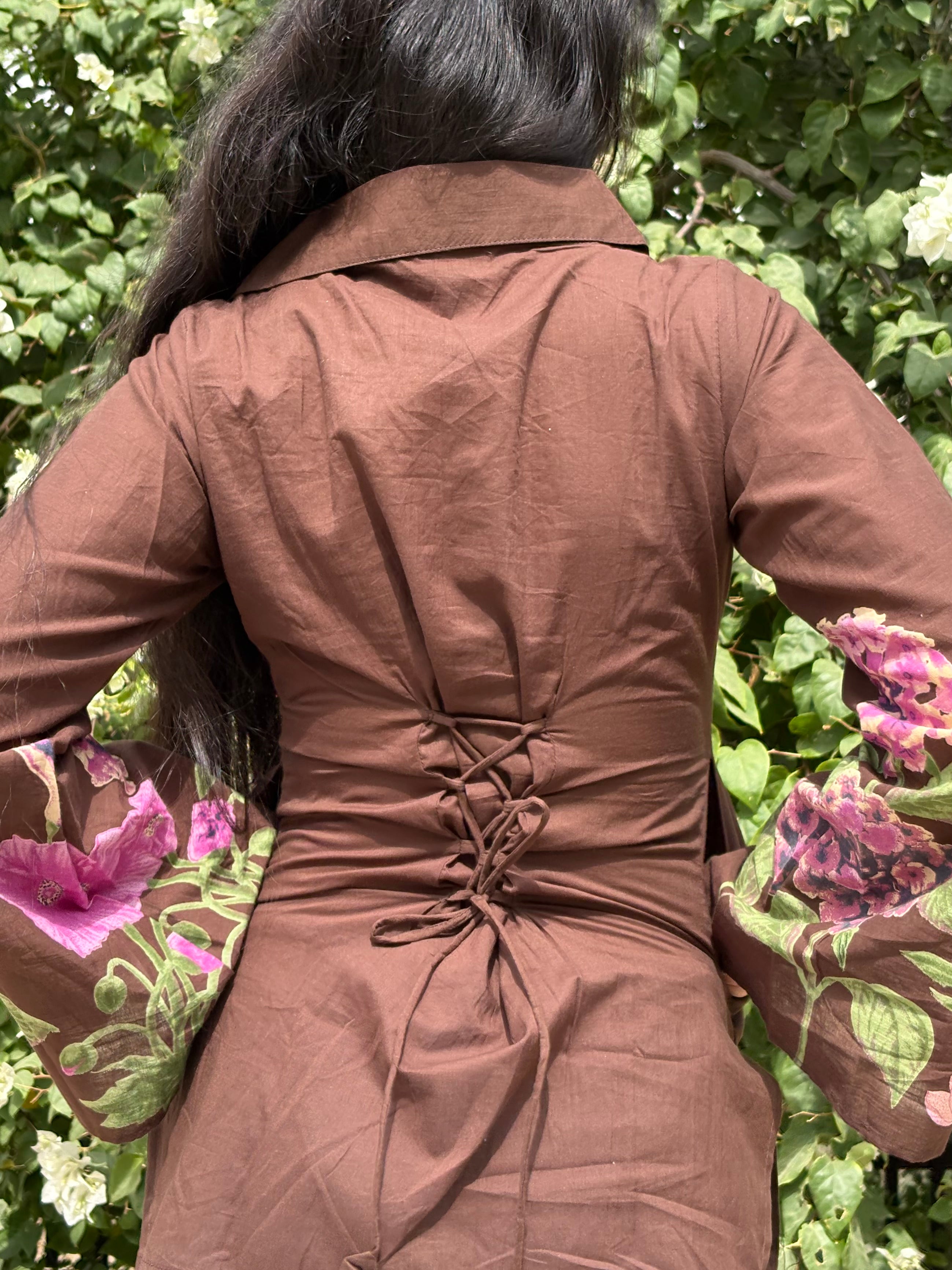 Kaira Brown Floral Kurti with corset back & pockets