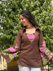 Kaira Brown Floral Kurti with corset back & pockets