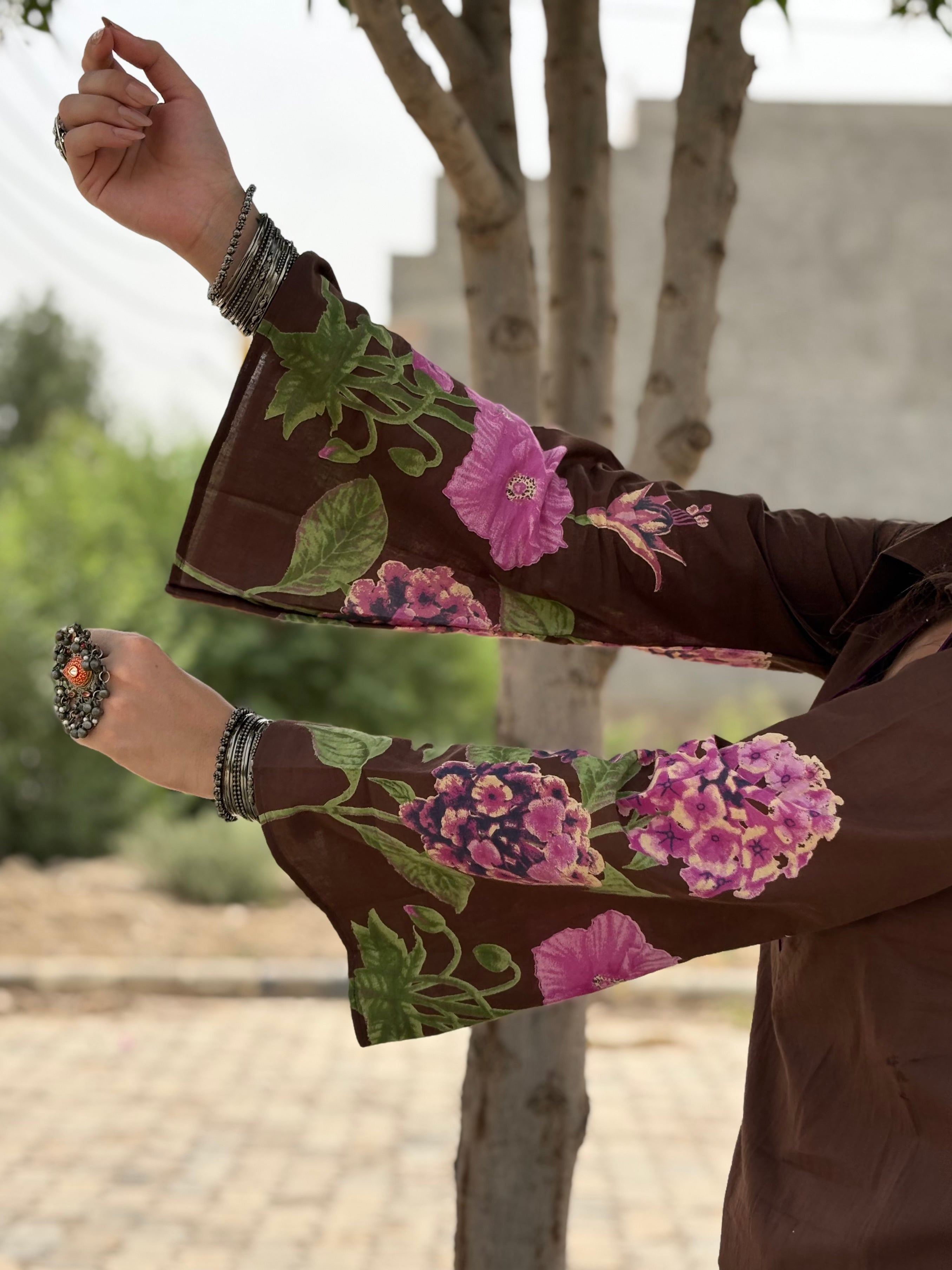 Kaira Brown Floral Kurti with corset back & pockets