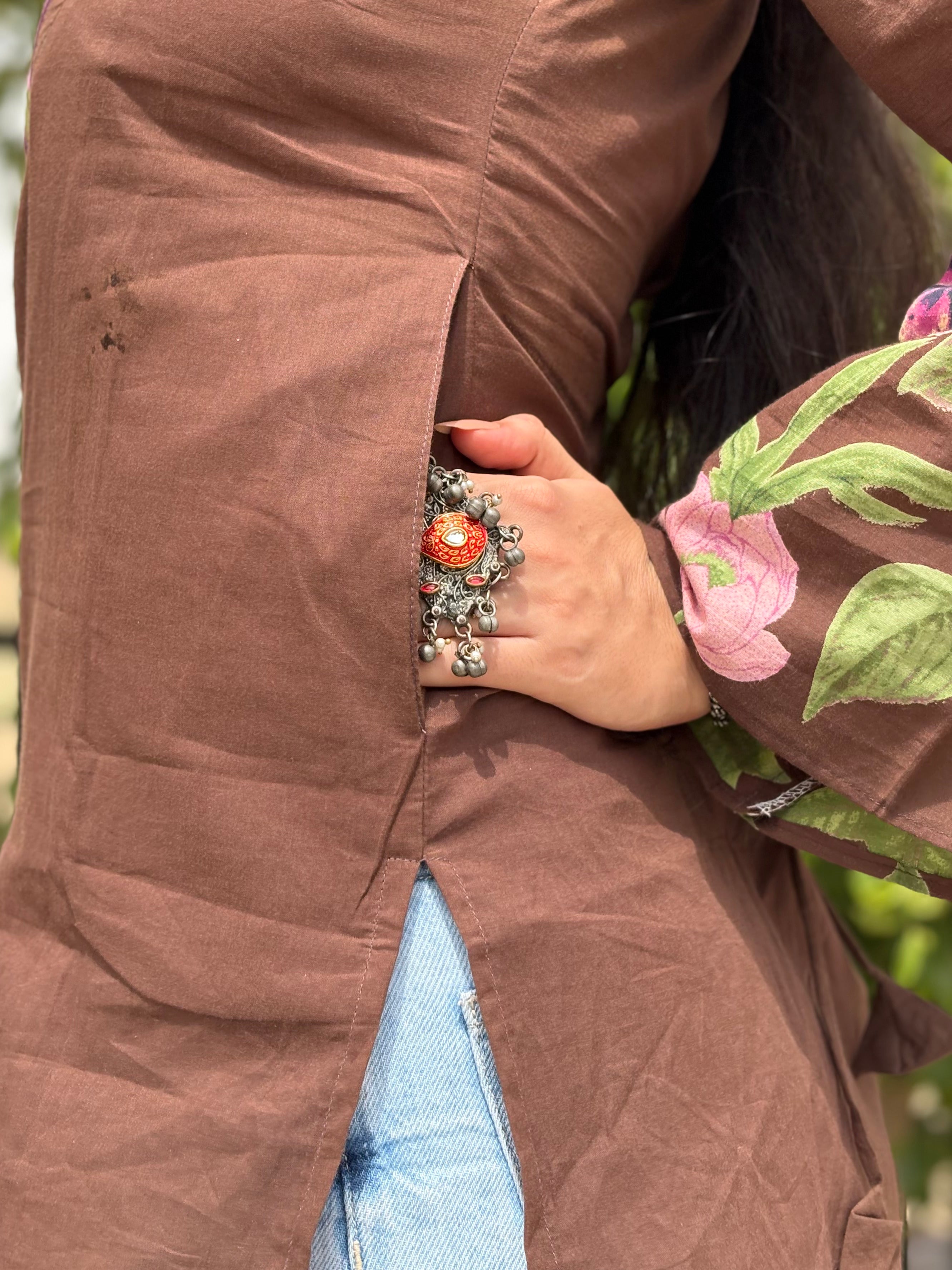 Kaira Brown Floral Kurti with corset back & pockets