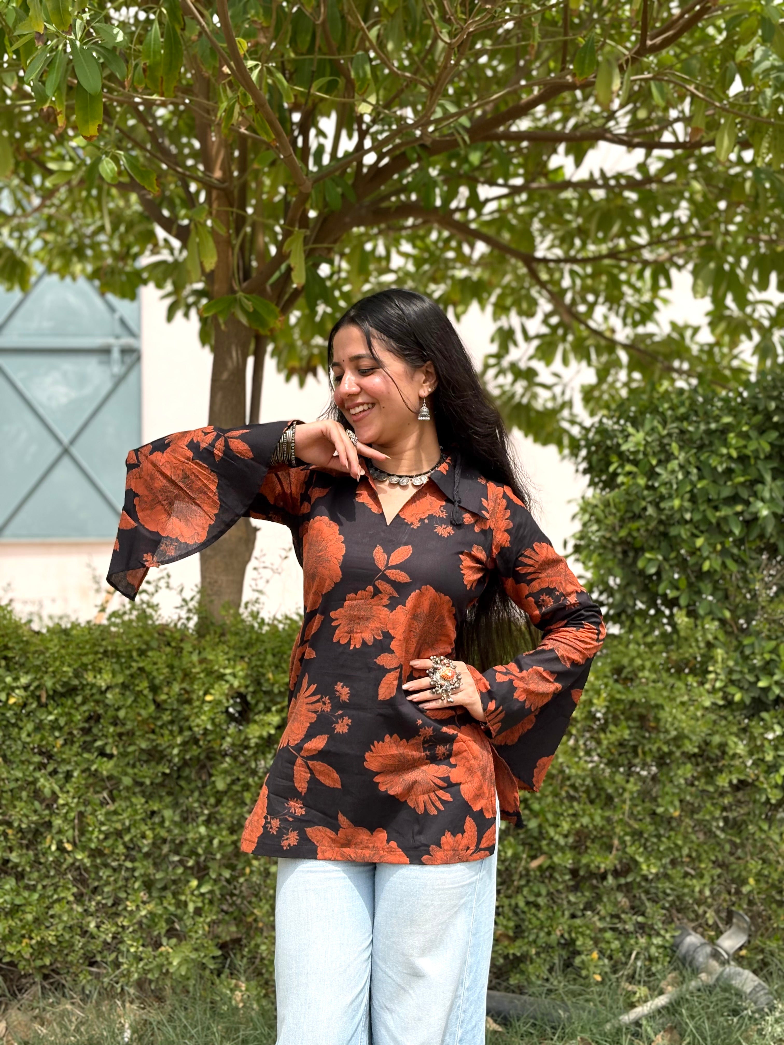 Adaa Collared Neck Frill Sleeves Kurti