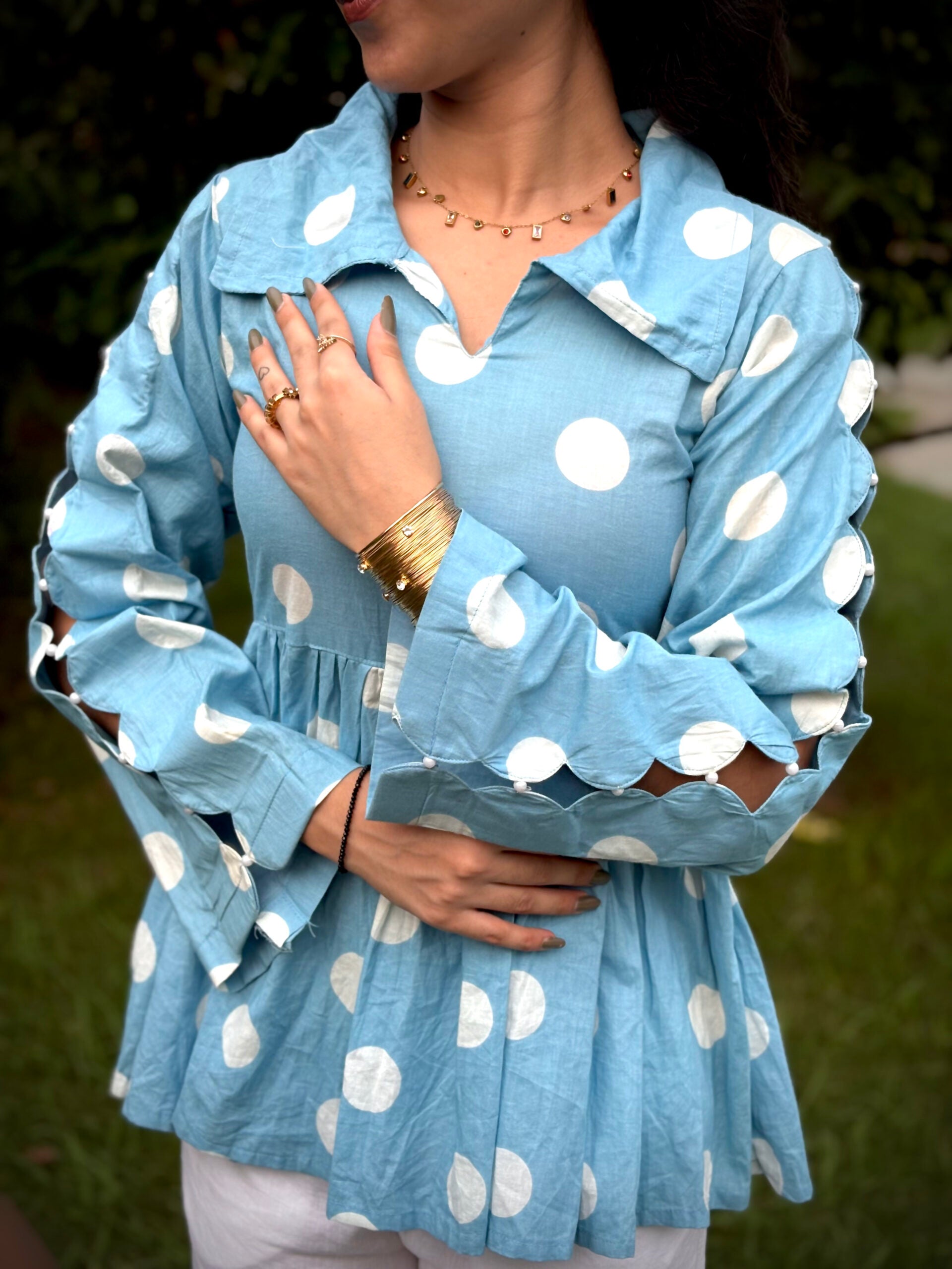 Heer Cutout Pearl Sleeves Polka Dot Kurti Top