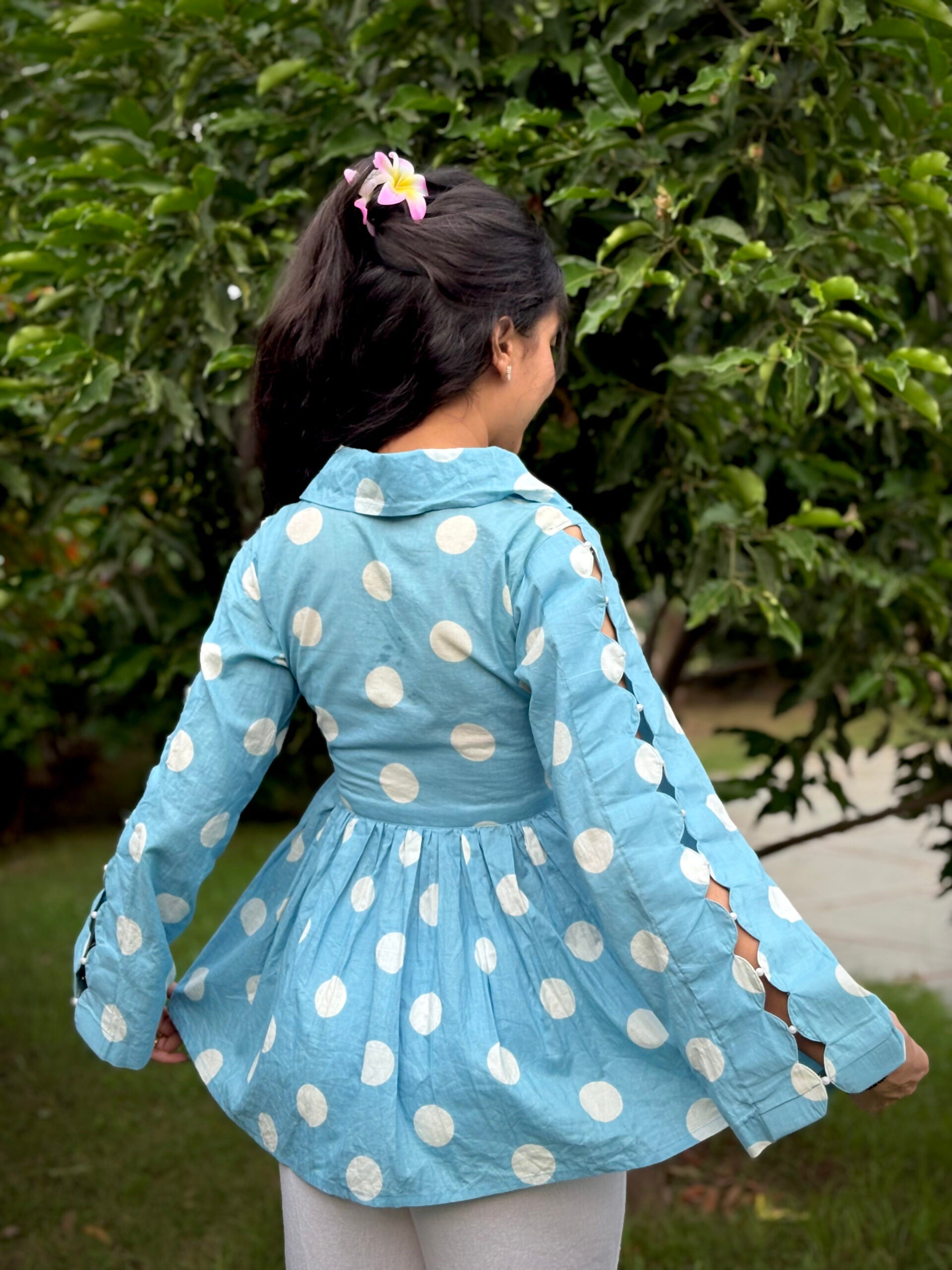 Heer Cutout Pearl Sleeves Polka Dot Kurti Top