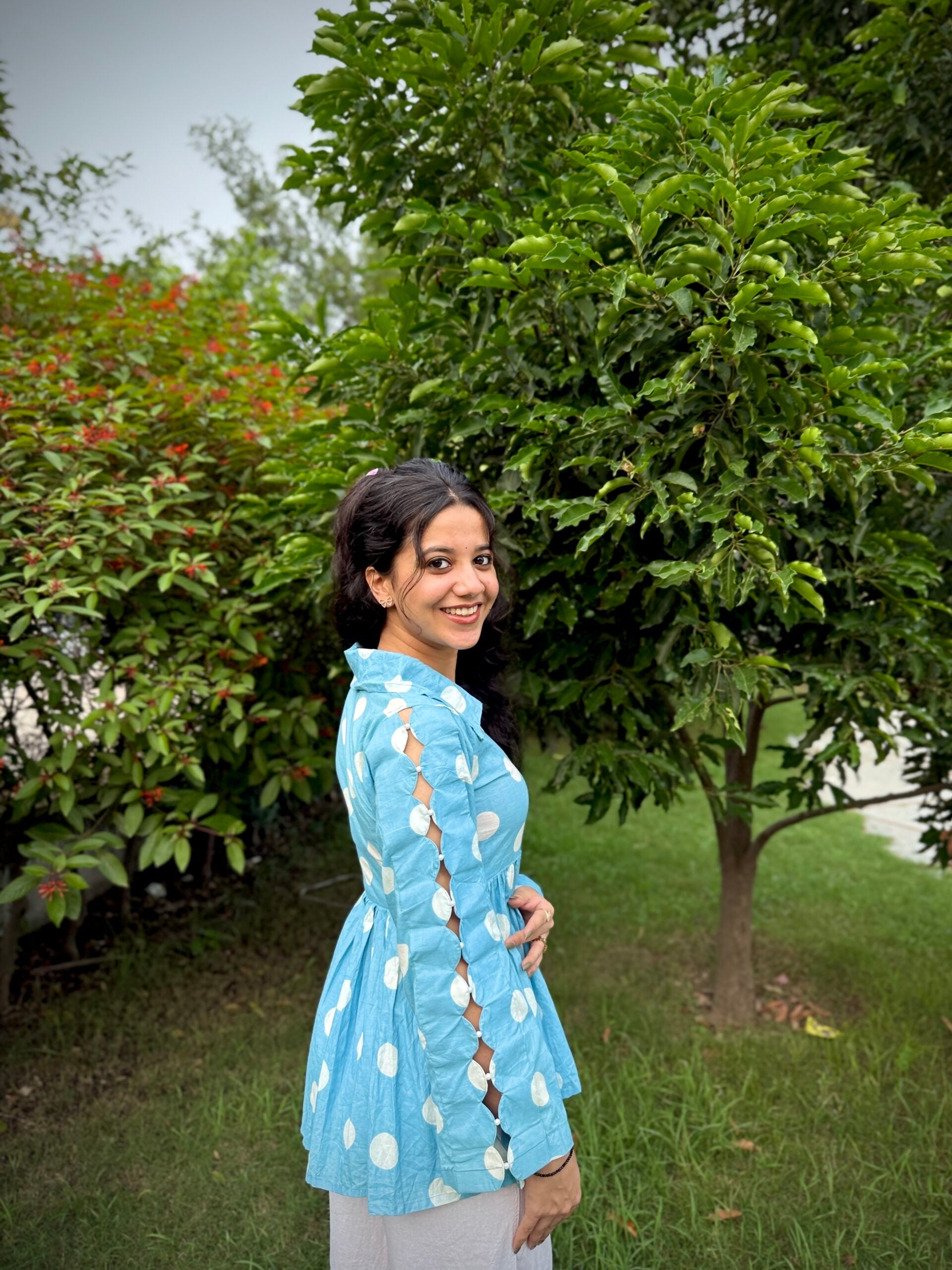 Heer Cutout Pearl Sleeves Polka Dot Kurti Top