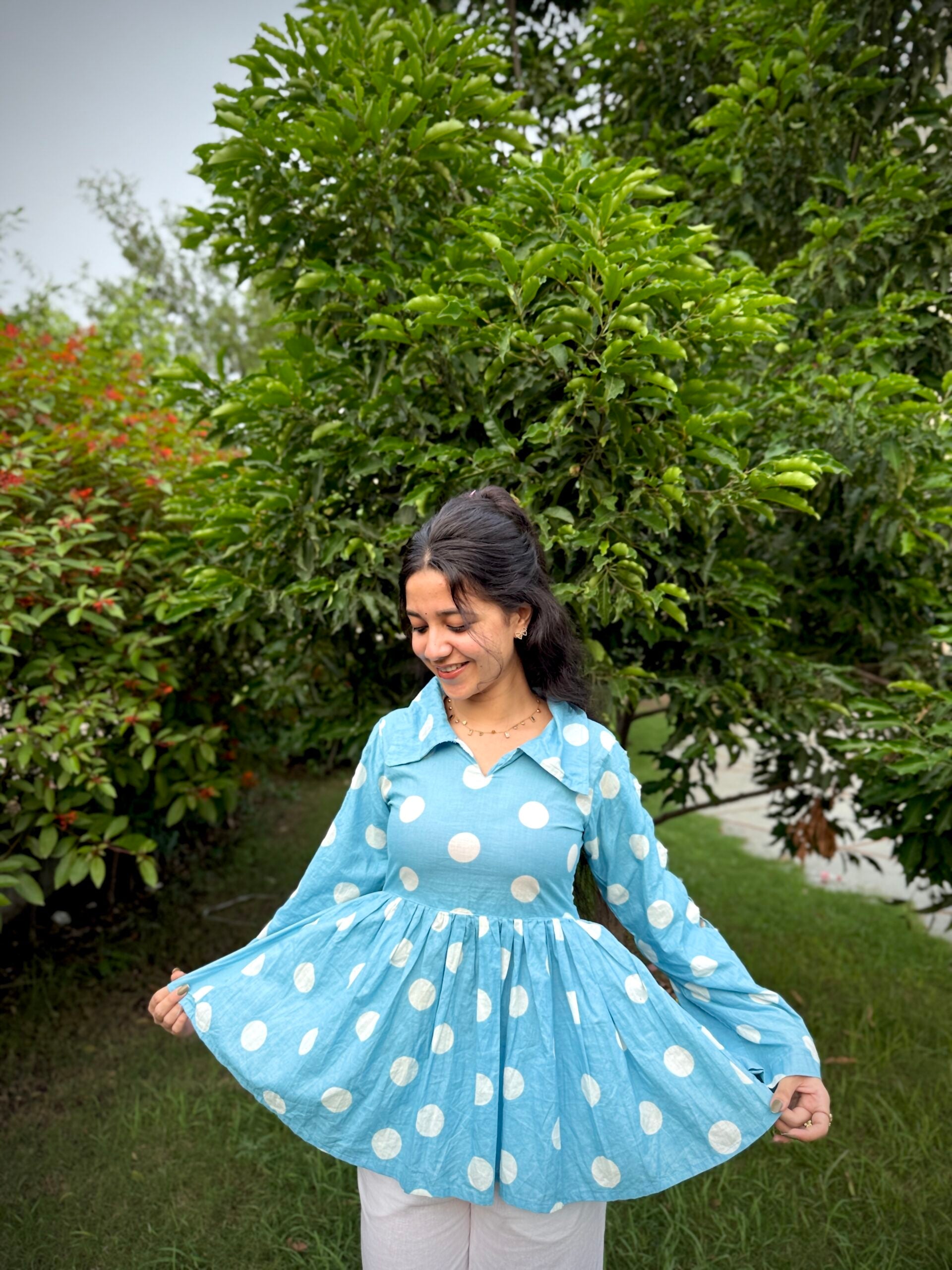 Heer Cutout Pearl Sleeves Polka Dot Kurti Top