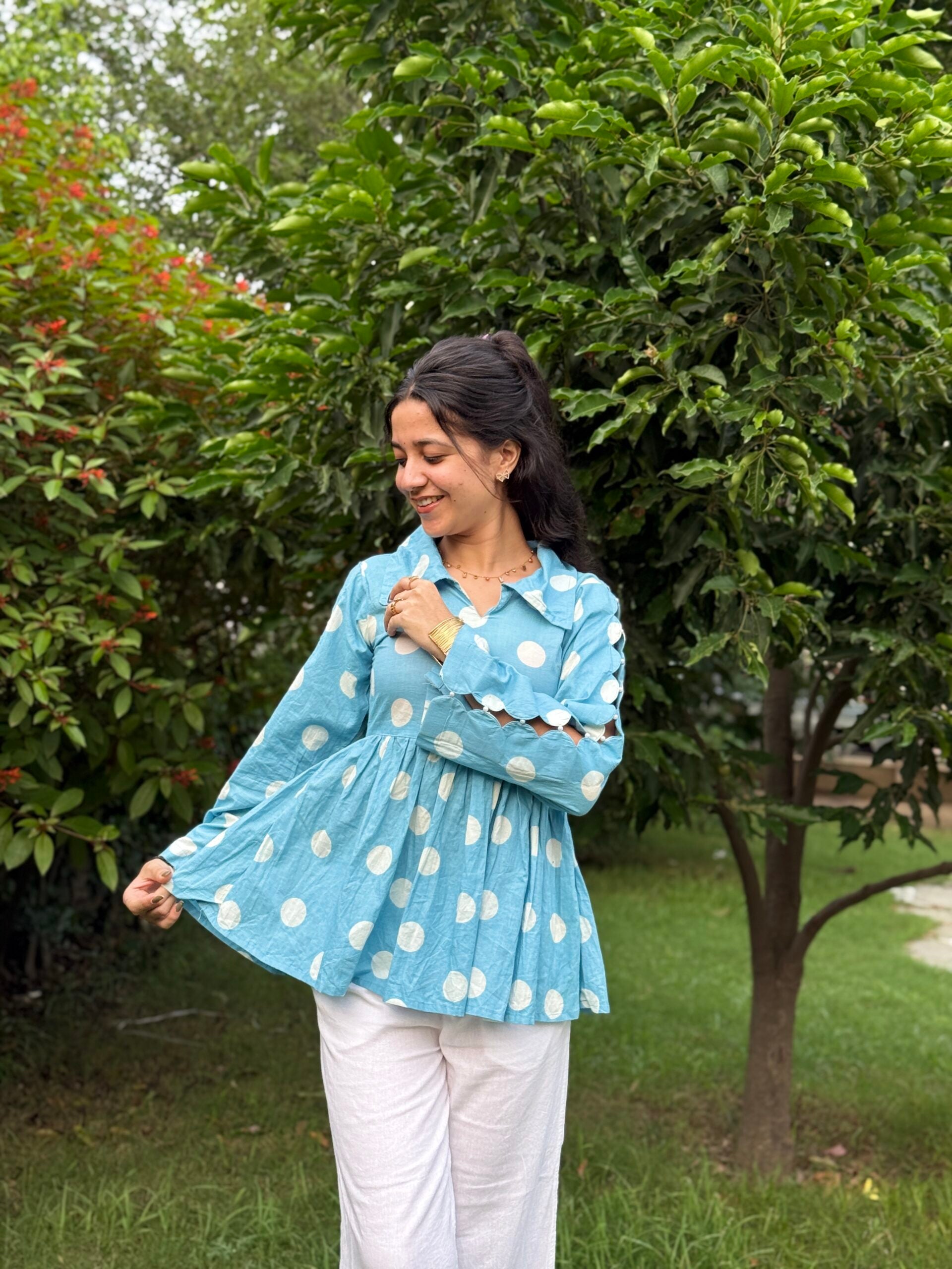 Heer Cutout Pearl Sleeves Polka Dot Kurti Top