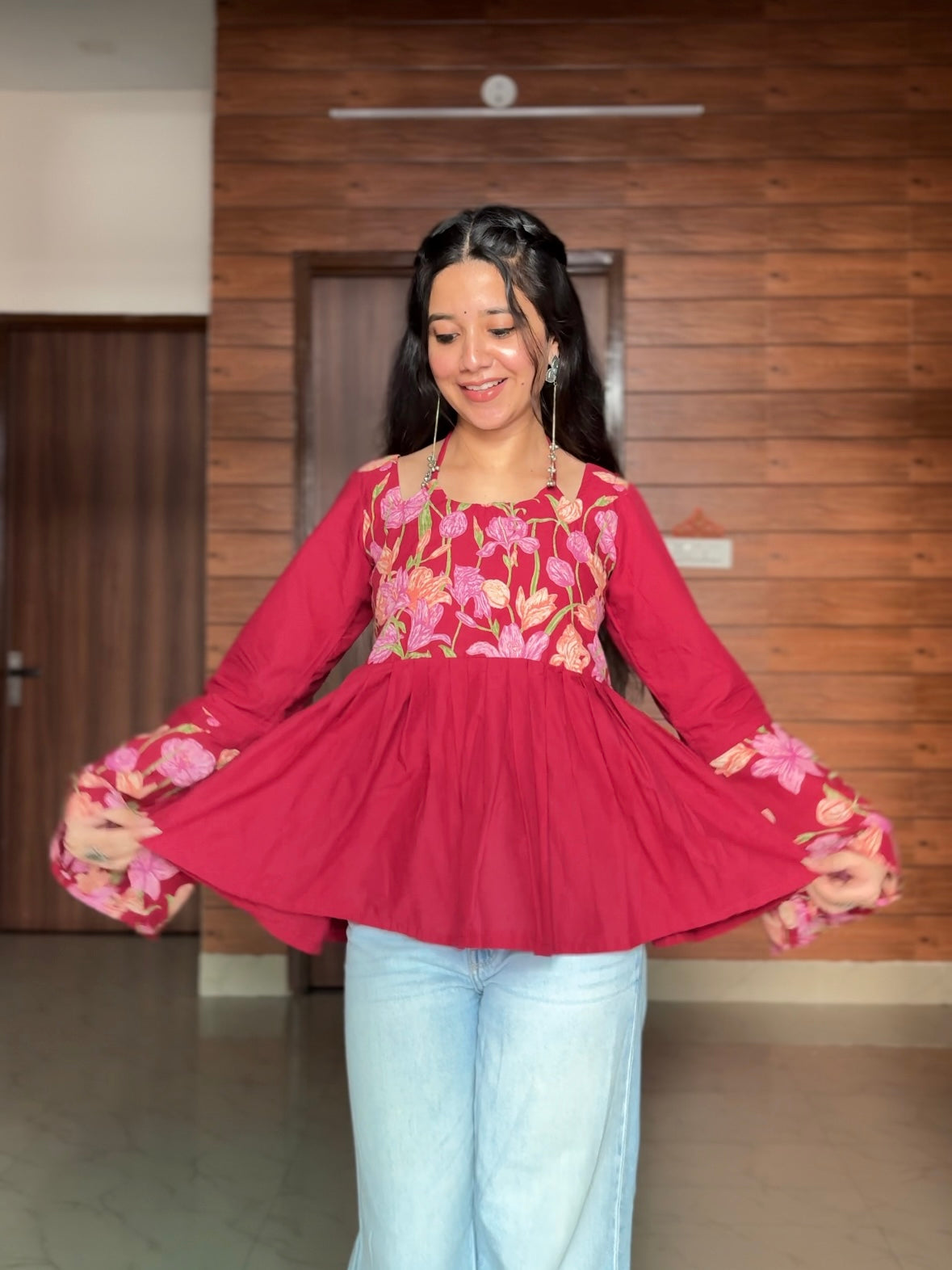 Pankhuri Maroon Floral Frock Style Kurti with Tie-up Neckline