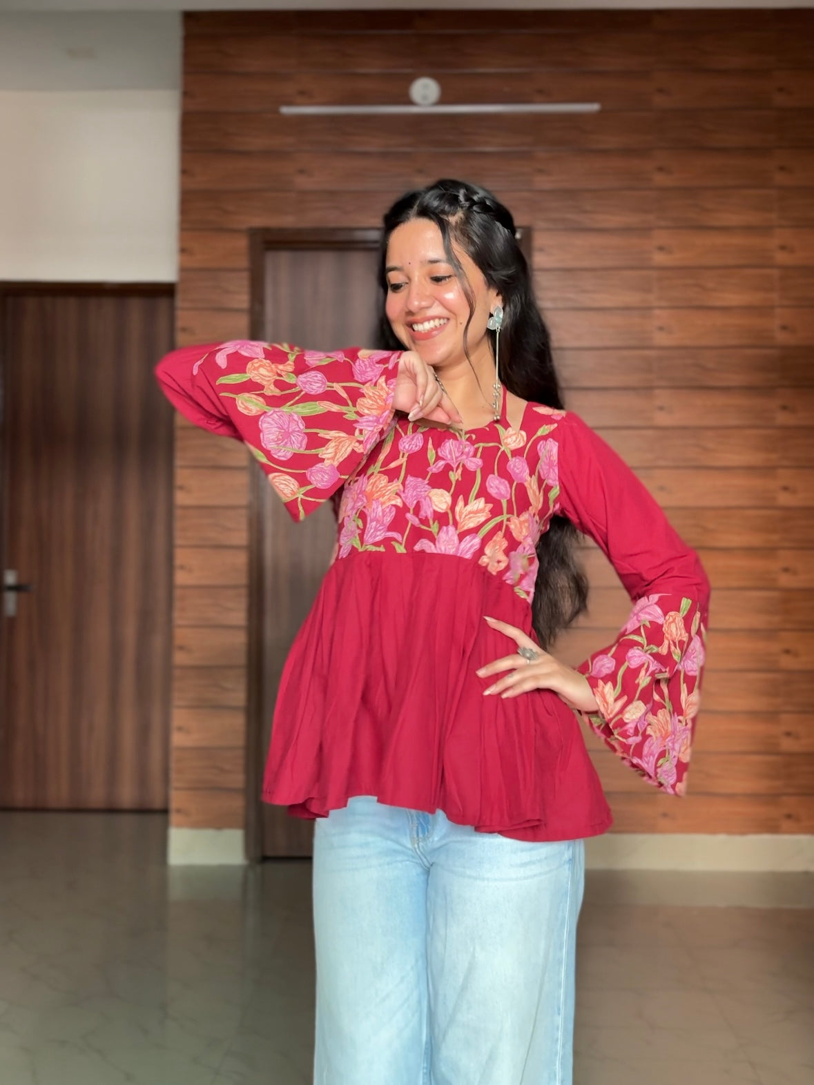 Pankhuri Maroon Floral Frock Style Kurti with Tie-up Neckline