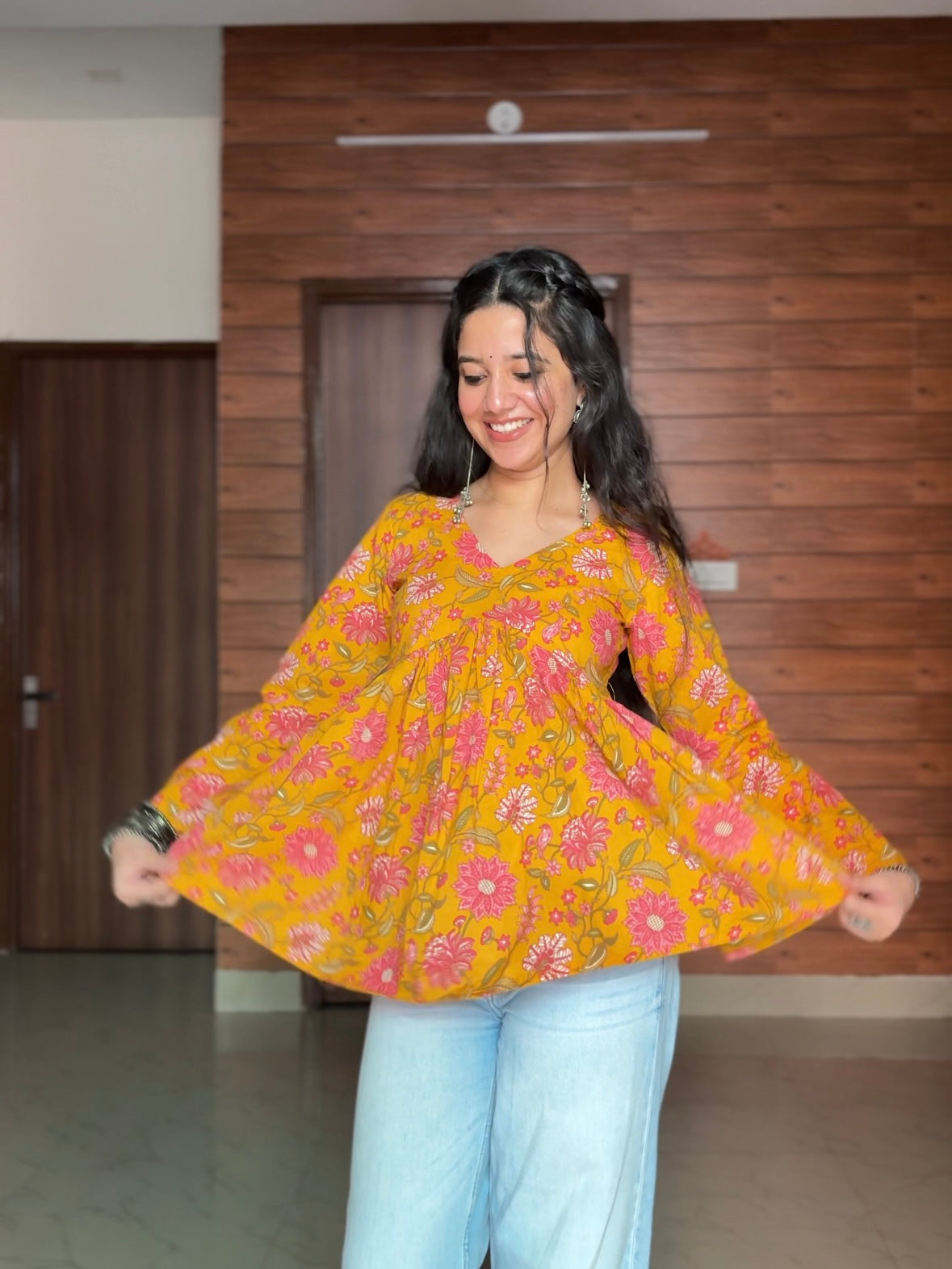 Amber Yellow Floral Frock Kurti