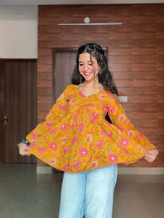 Amber Yellow Floral Frock Kurti