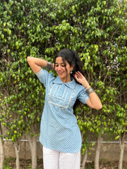 Hemlata- Powder Blue collar puffed sleeves kurti