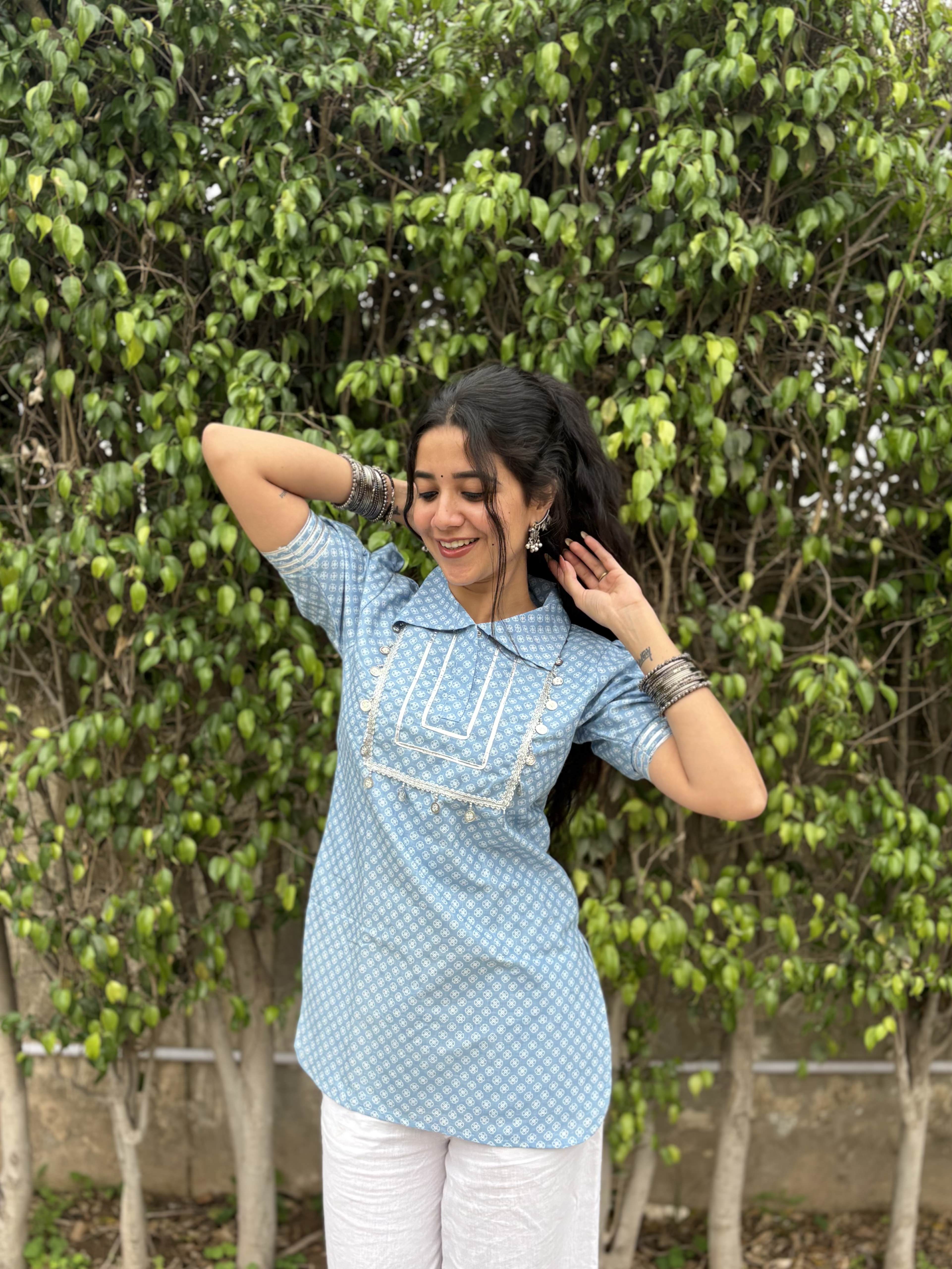 Hemlata- Powder Blue collar puffed sleeves kurti