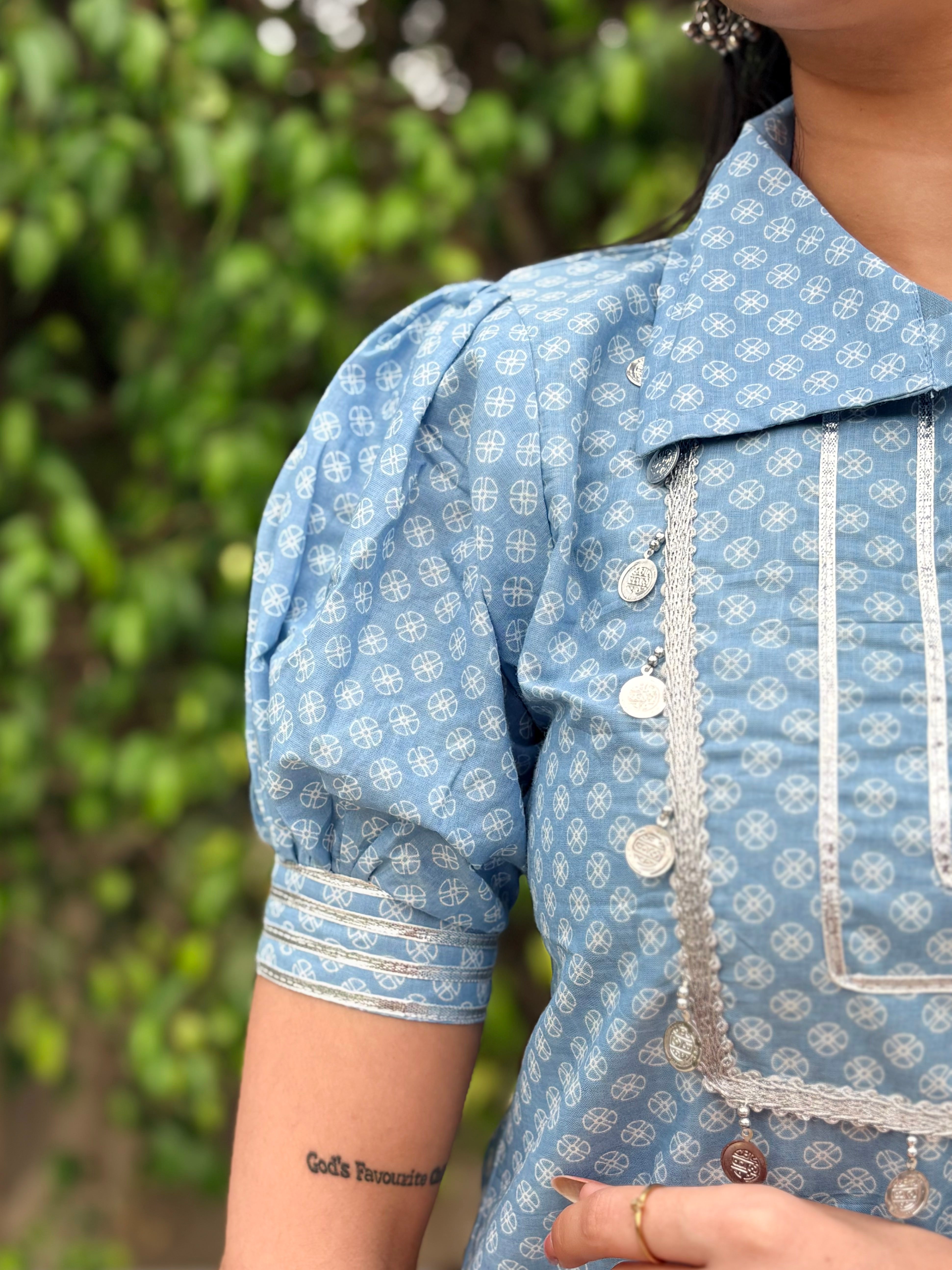 Hemlata- Powder Blue collar puffed sleeves kurti