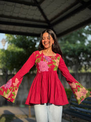 Pankhuri mehroon Floral Frock Style Kurti with Tie-up Neckline
