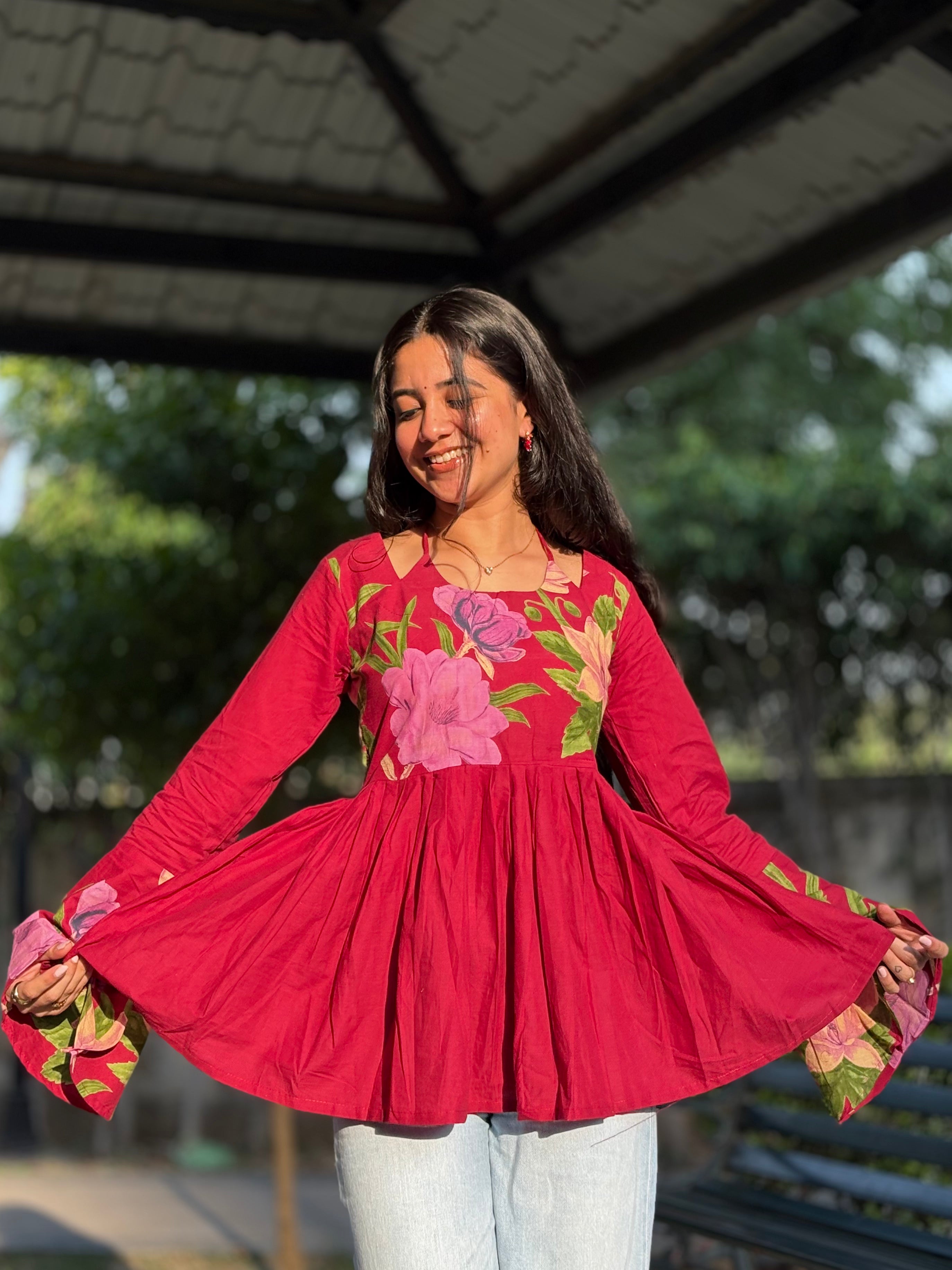 Pankhuri mehroon Floral Frock Style Kurti with Tie-up Neckline