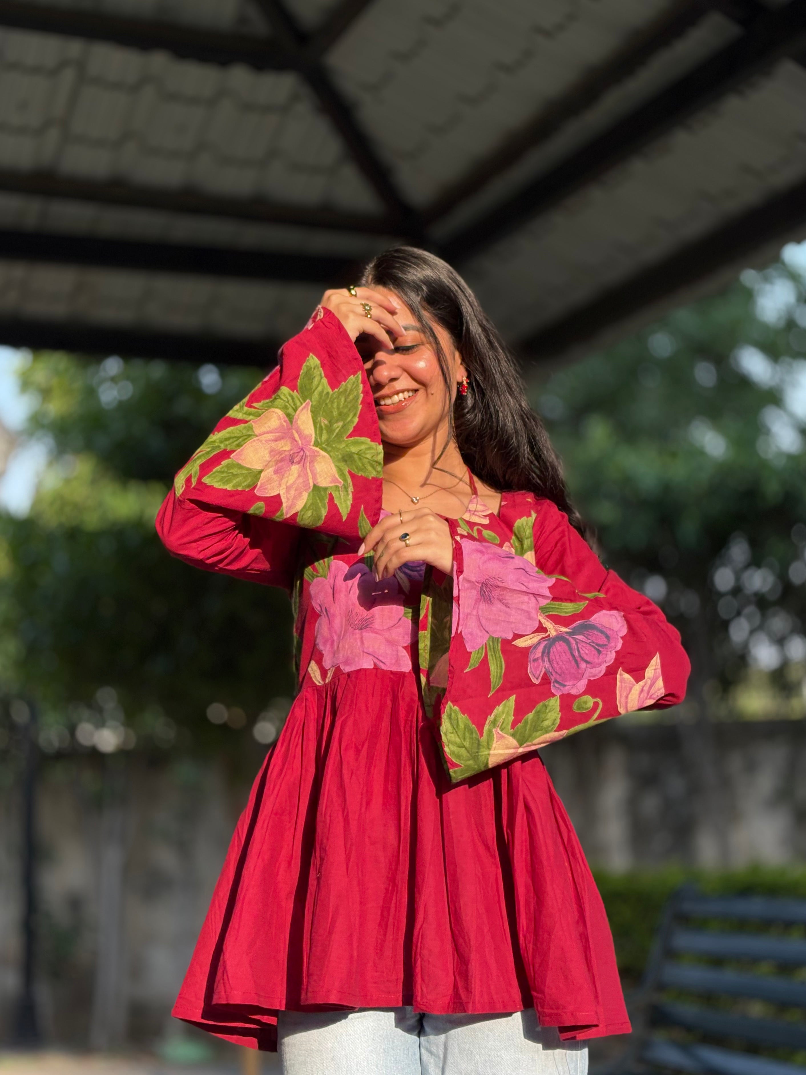 Pankhuri mehroon Floral Frock Style Kurti with Tie-up Neckline