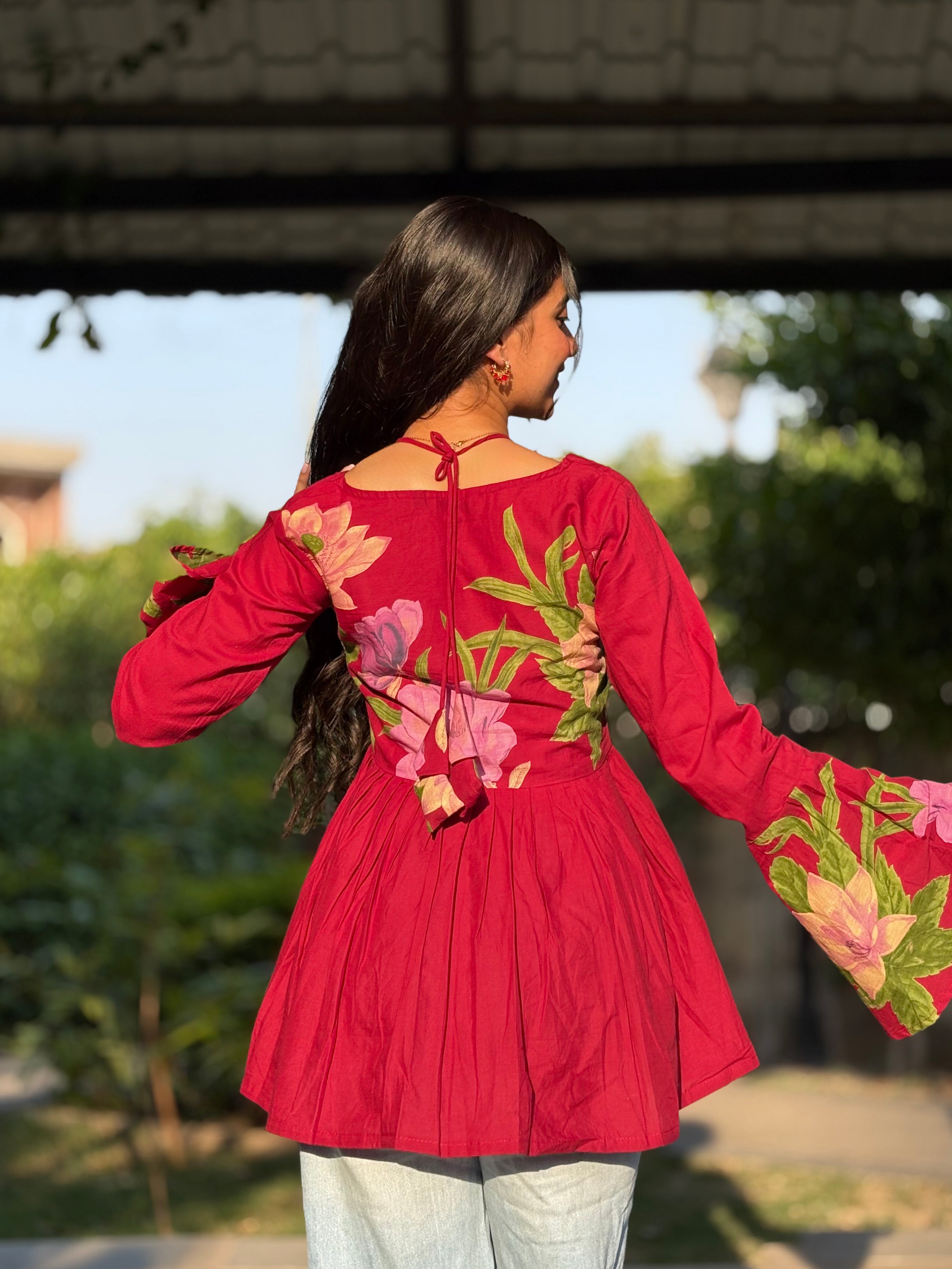 Pankhuri mehroon Floral Frock Style Kurti with Tie-up Neckline