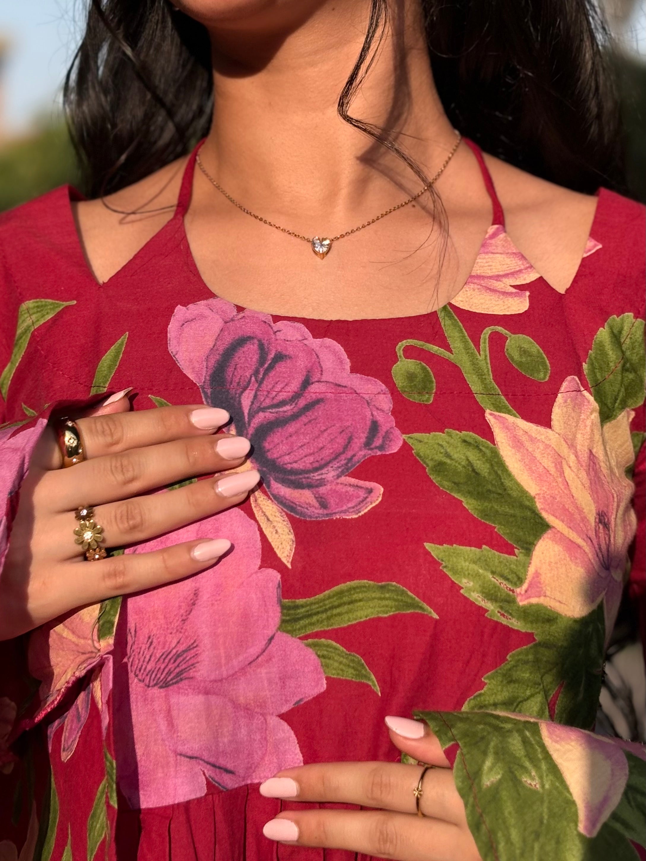 Pankhuri mehroon Floral Frock Style Kurti with Tie-up Neckline