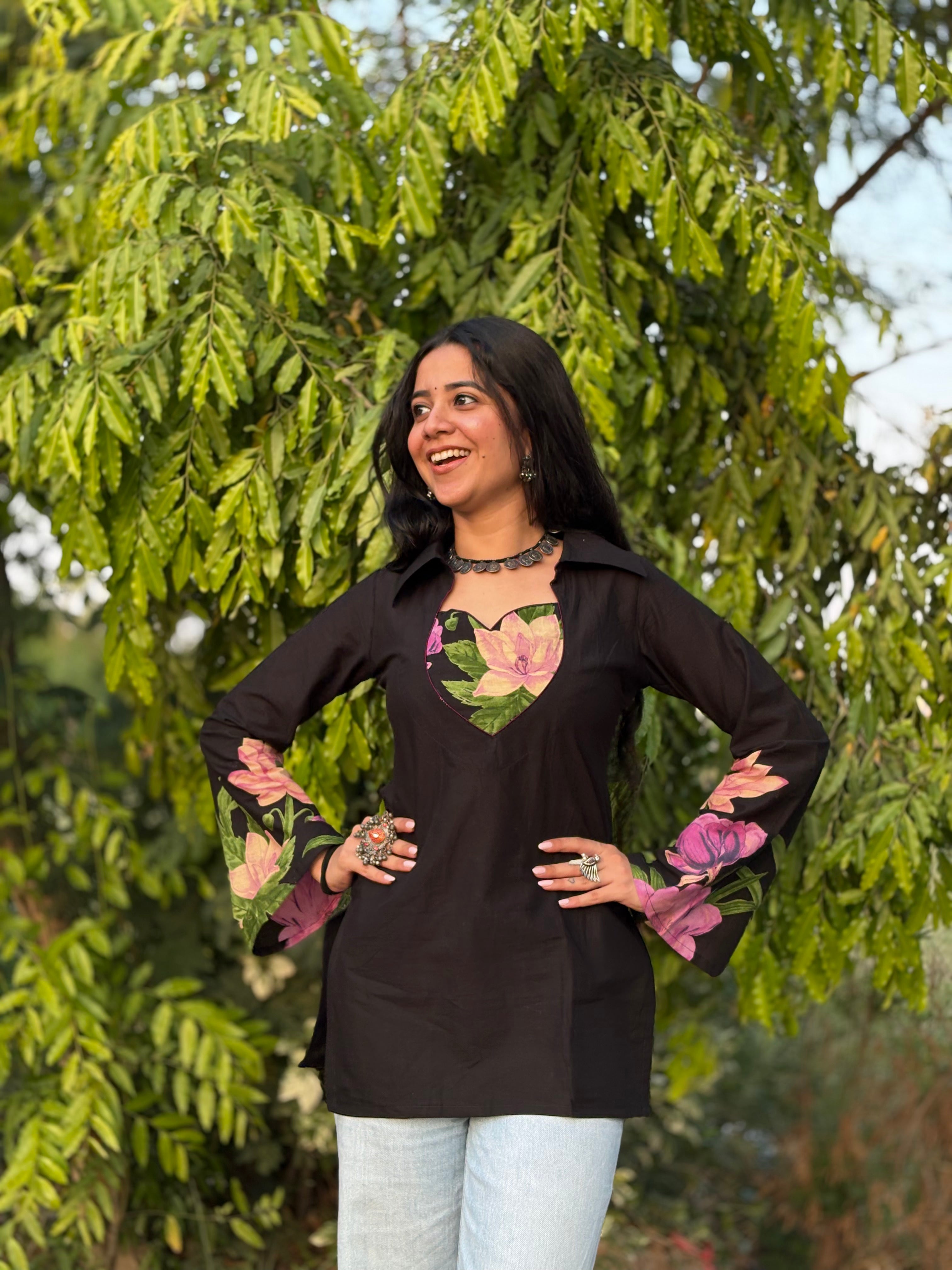 Kaira Black Floral Kurti with Corset Back & Pockets