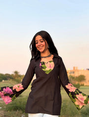 Kaira Black Floral Kurti with Corset Back & Pockets