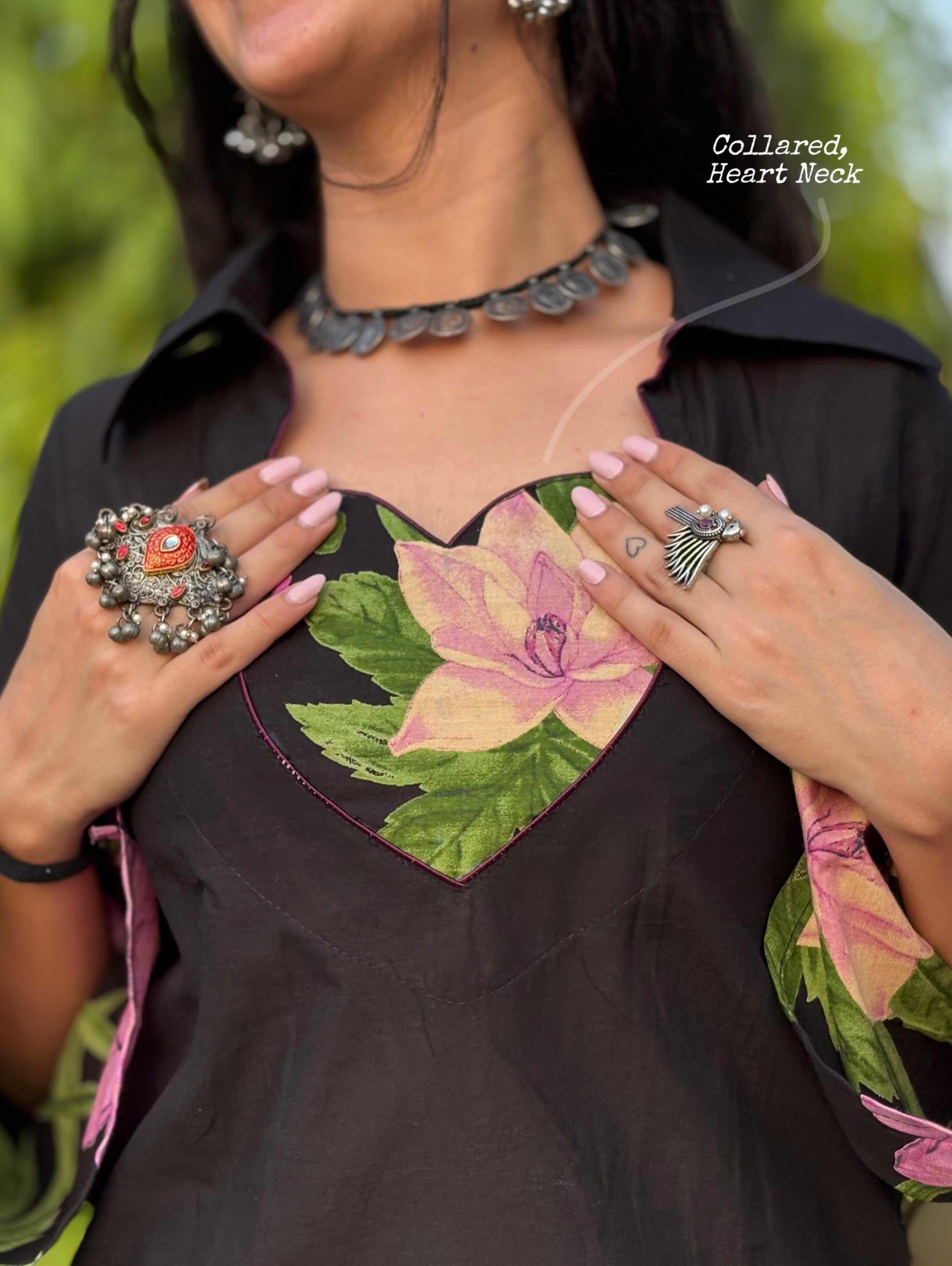 Kaira Black Floral Kurti with Corset Back & Pockets