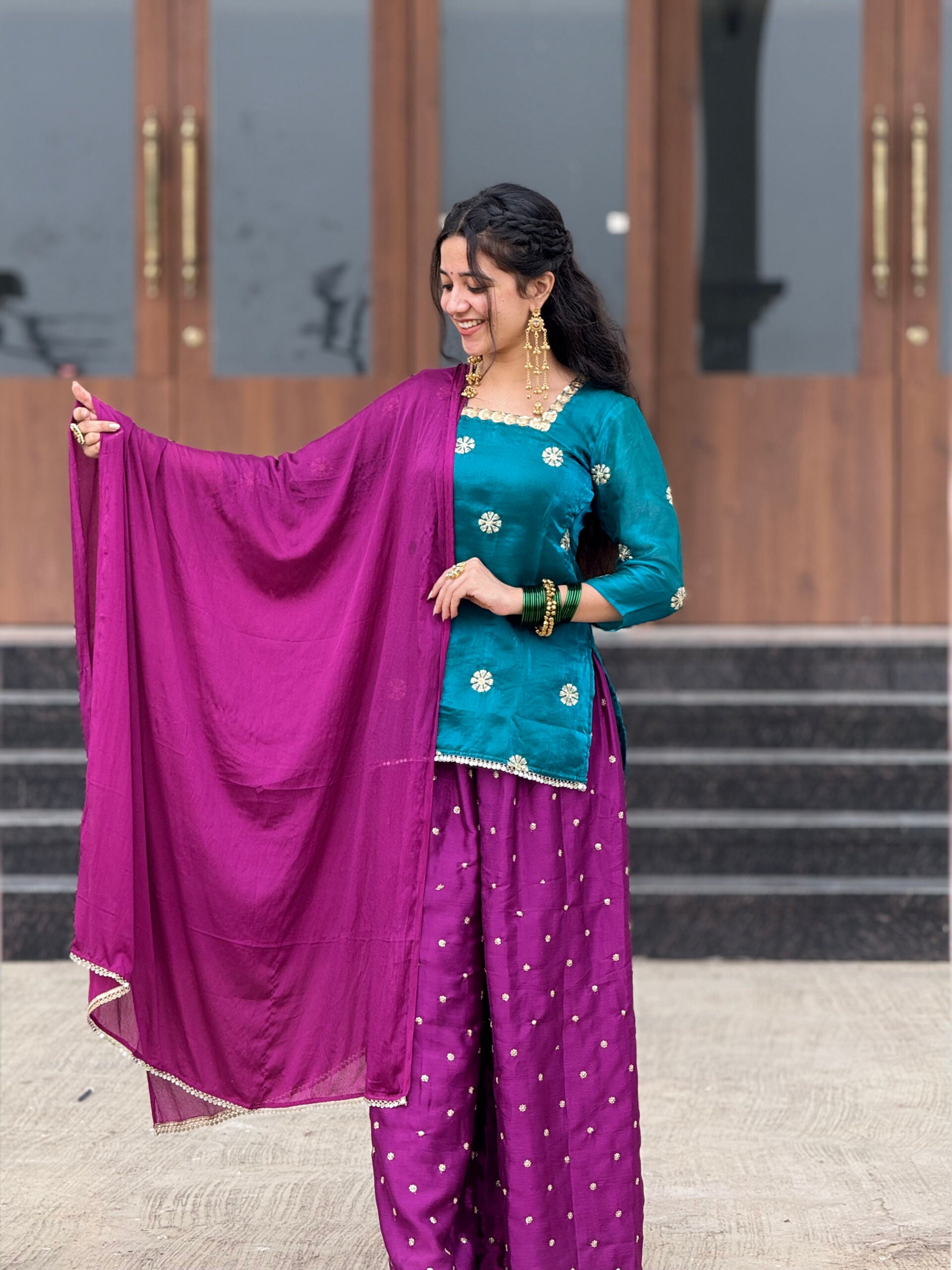 “Nazakat” Teal Green & Purple Kurta set
