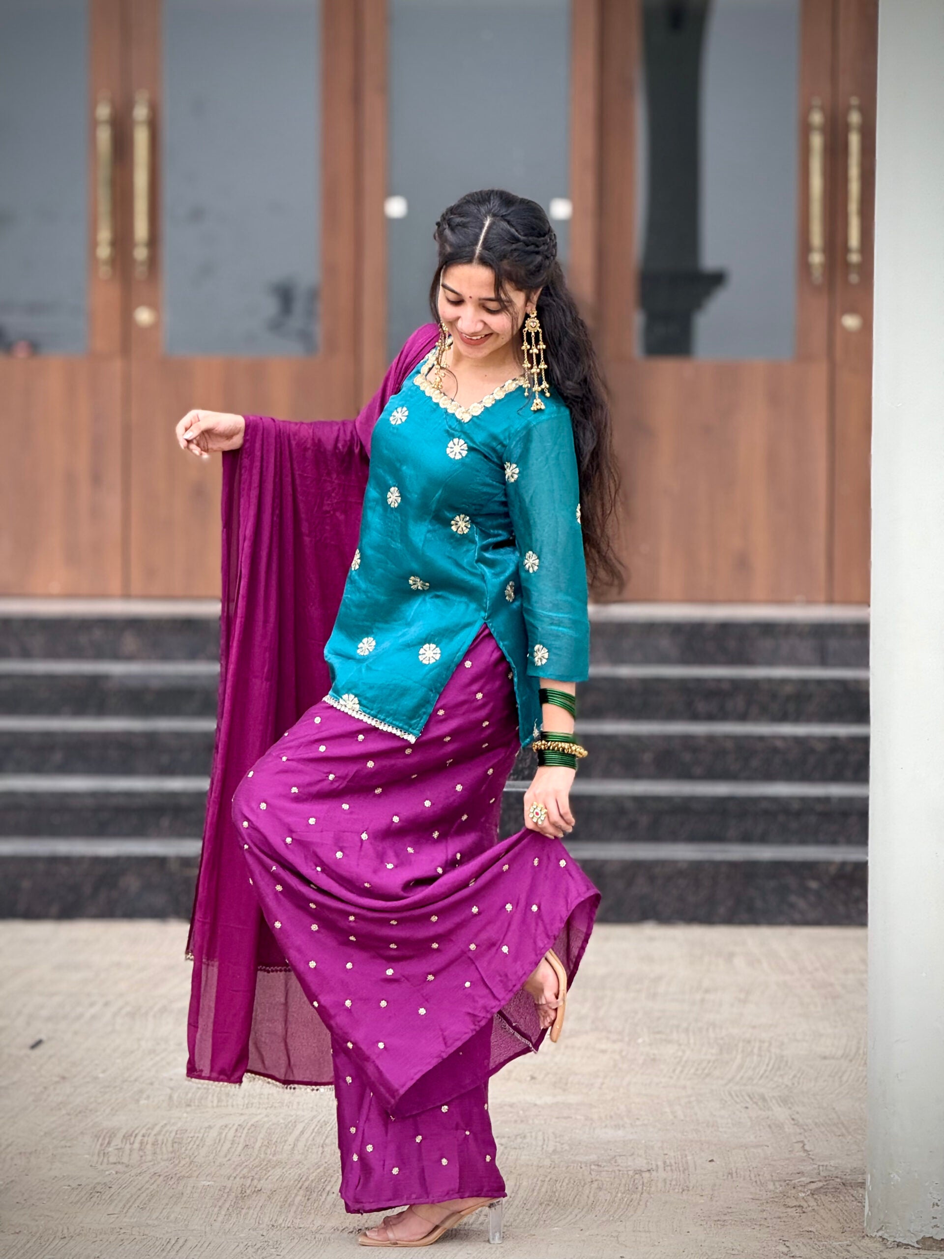 “Nazakat” Teal Green & Purple Kurta set