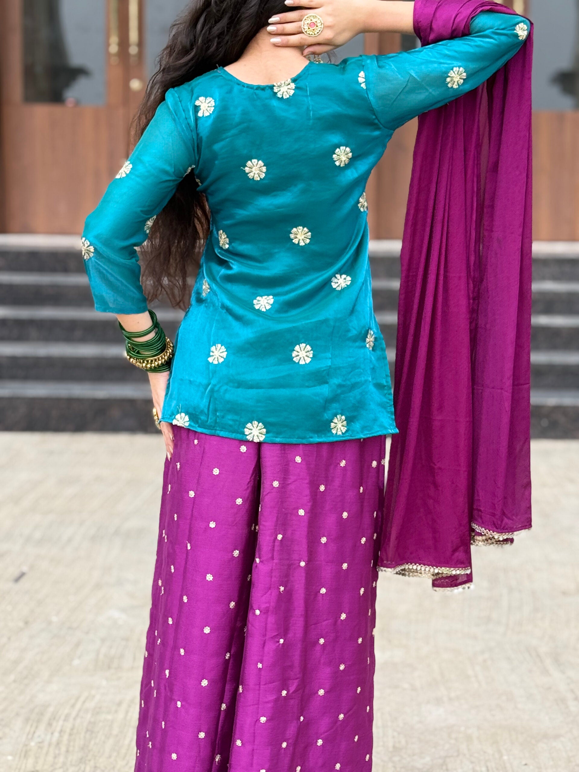 “Nazakat” Teal Green & Purple Kurta set