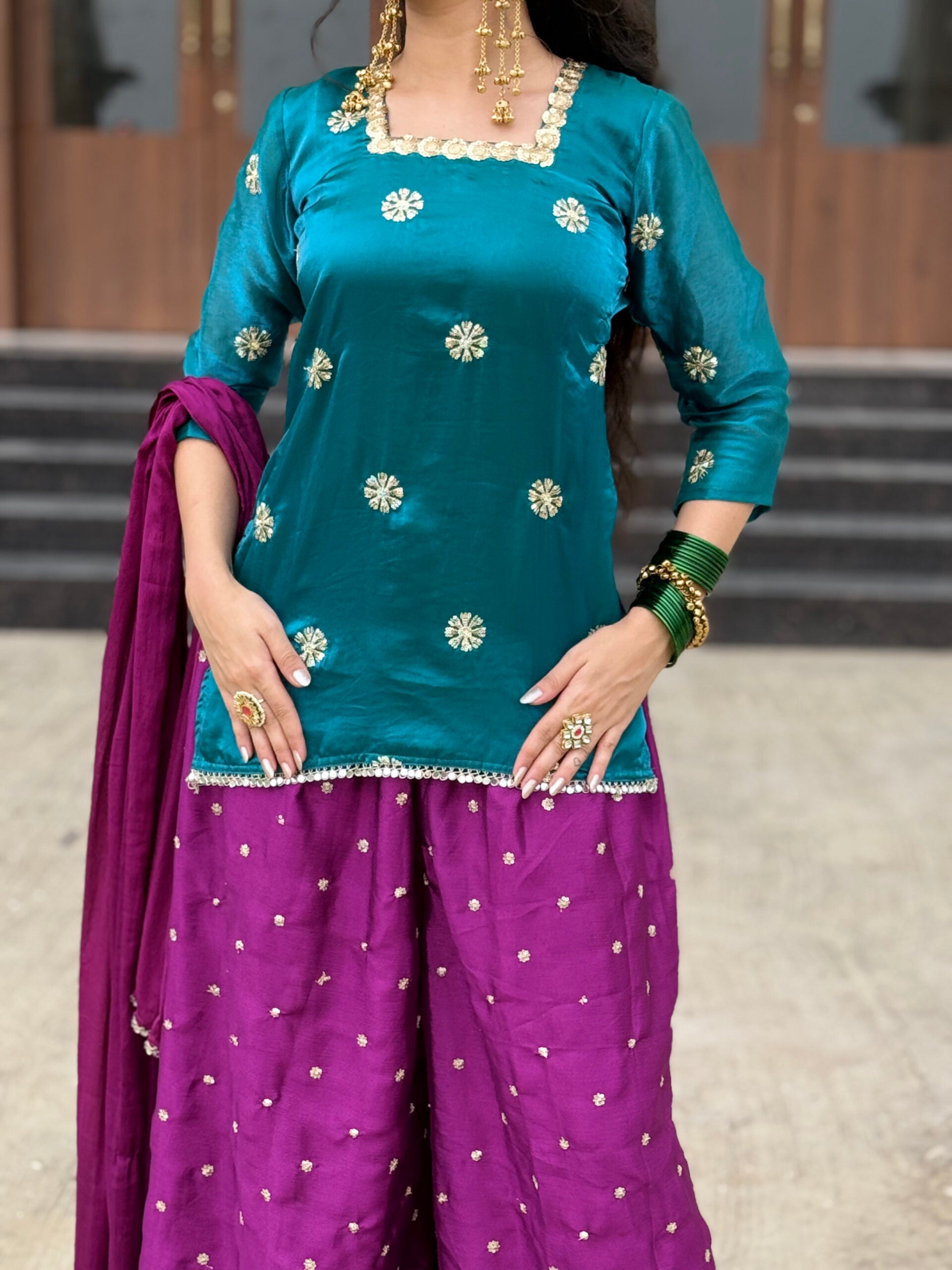 “Nazakat” Teal Green & Purple Kurta set