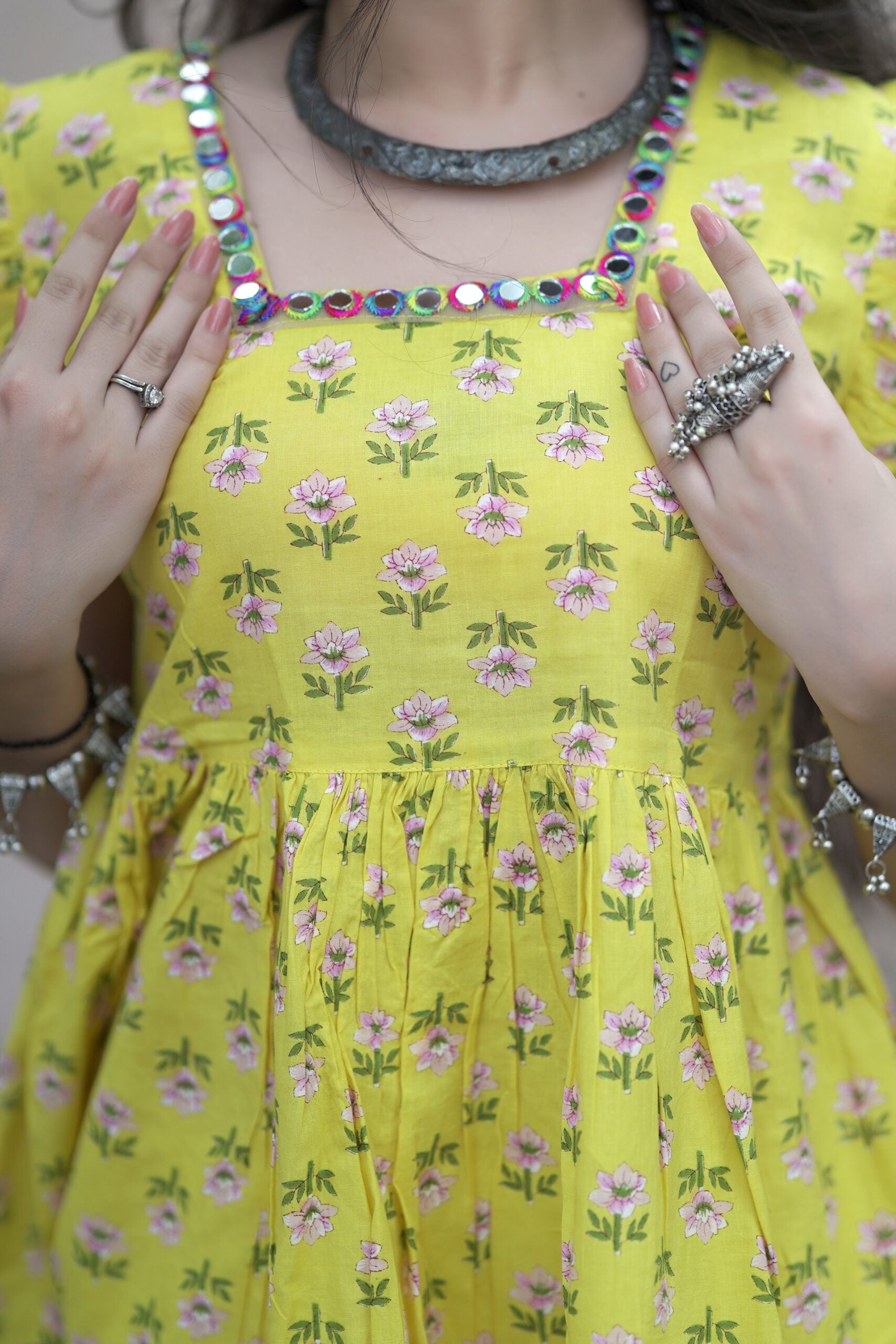 Phoolkari Frill Yellow Kurti Top
