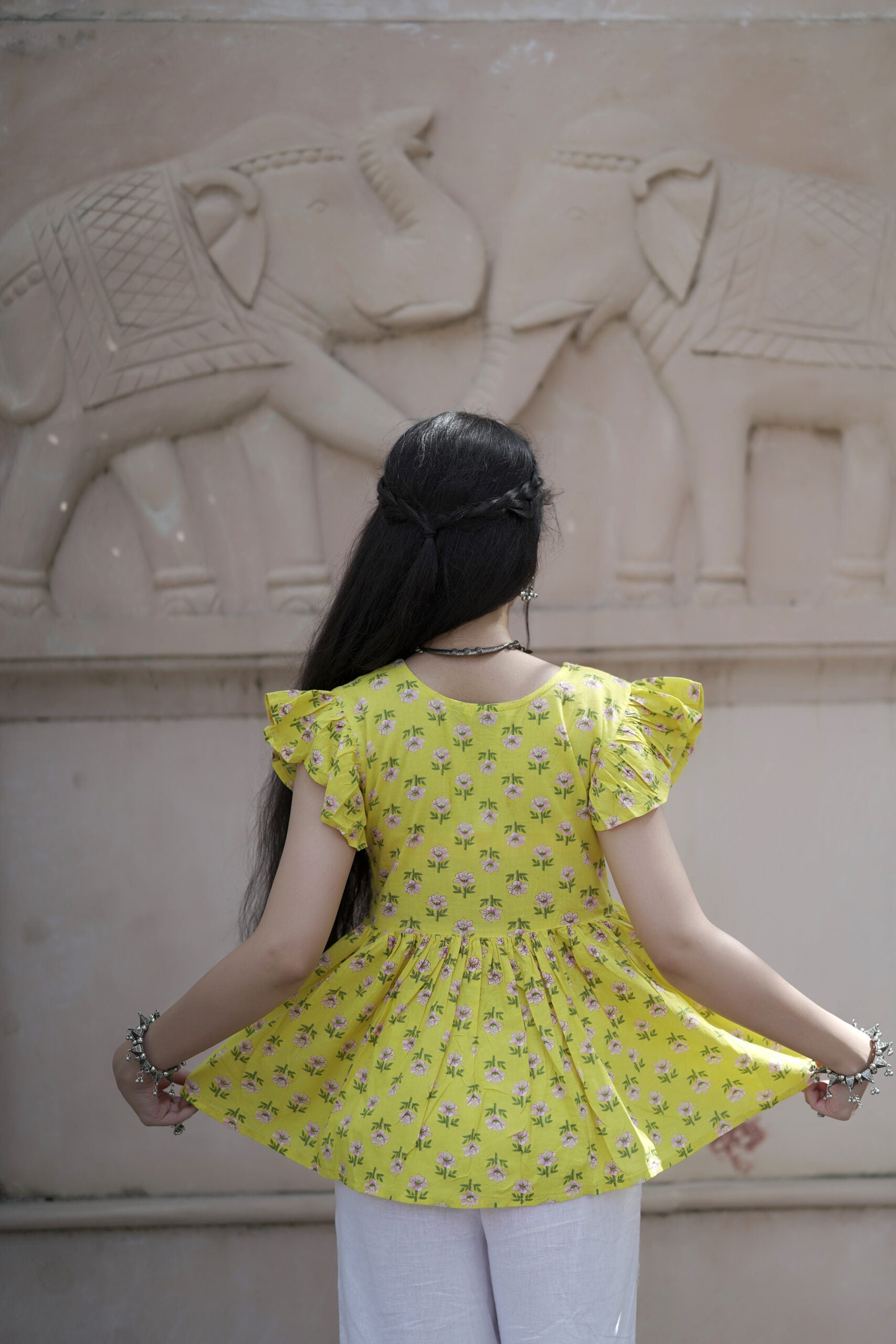 Phoolkari Frill Yellow Kurti Top
