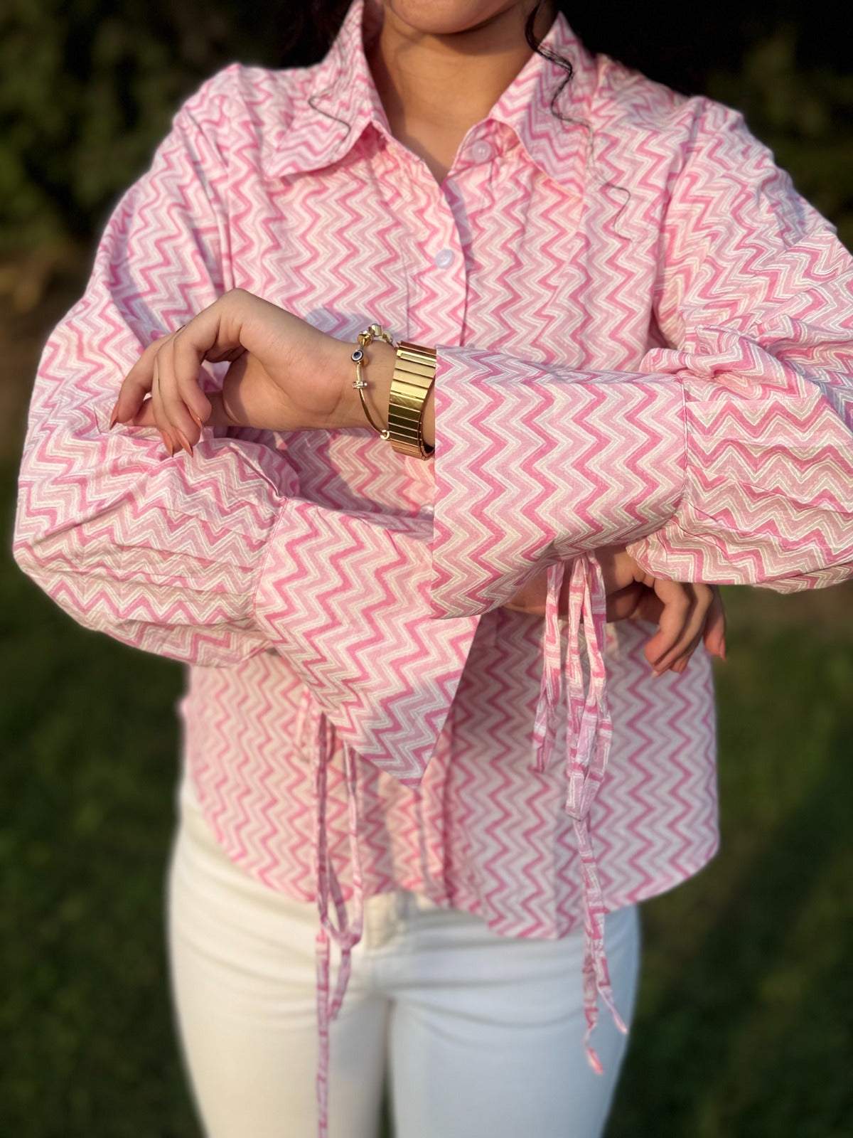 Titlii Pink Tie Sleeve Loose Fit Shirt