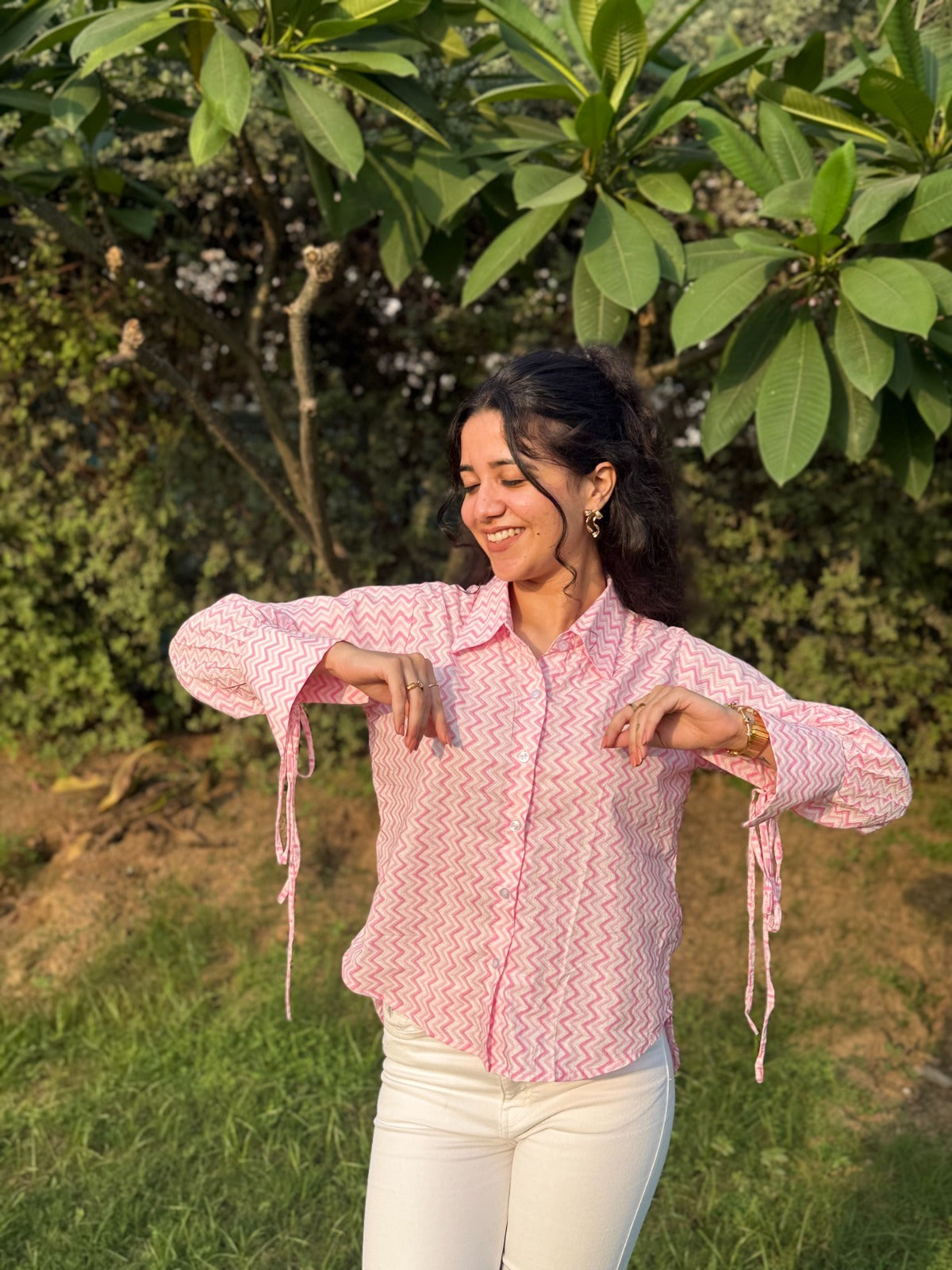 Titlii Pink Tie Sleeve Loose Fit Shirt