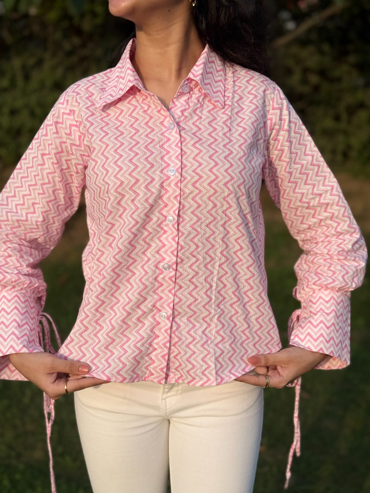 Titlii Pink Tie Sleeve Loose Fit Shirt