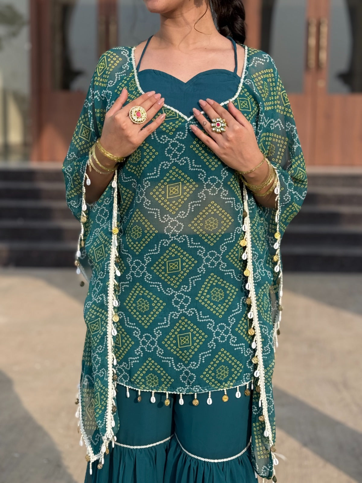 “Aafreen” Green Bandhej 3-piece Kaftan Sharara Set