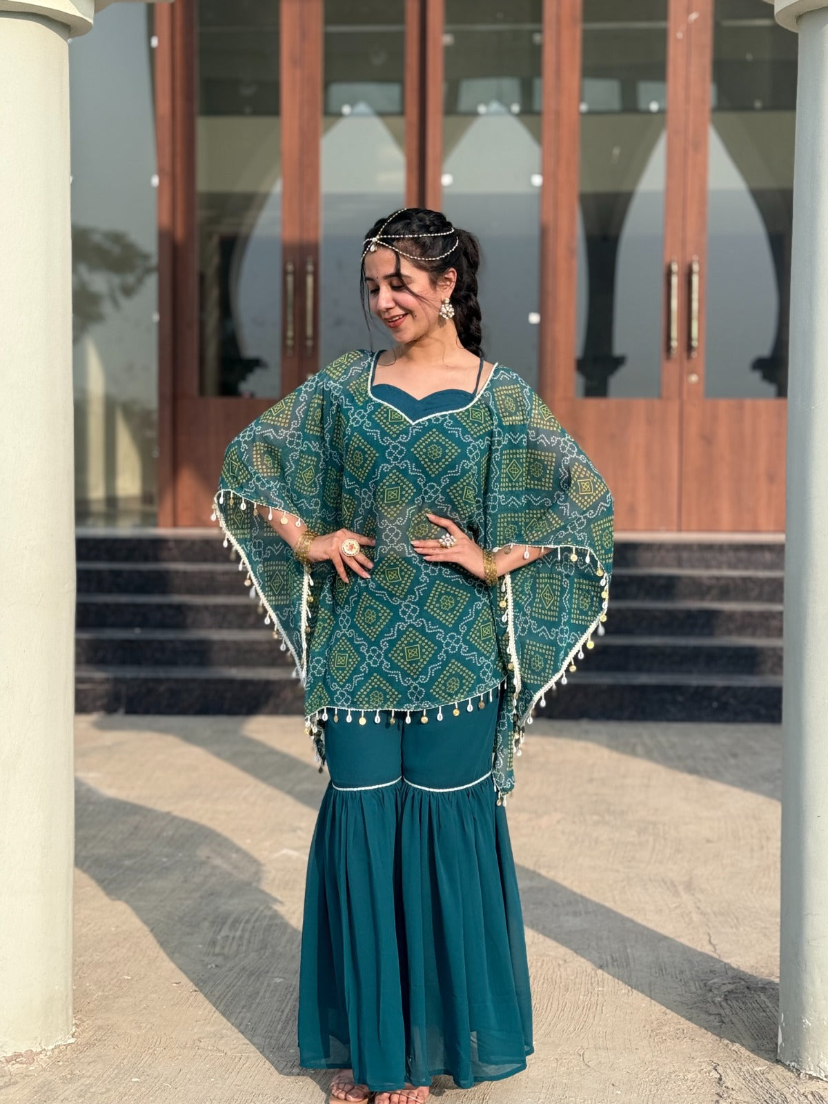 “Aafreen” Green Bandhej 3-piece Kaftan Sharara Set