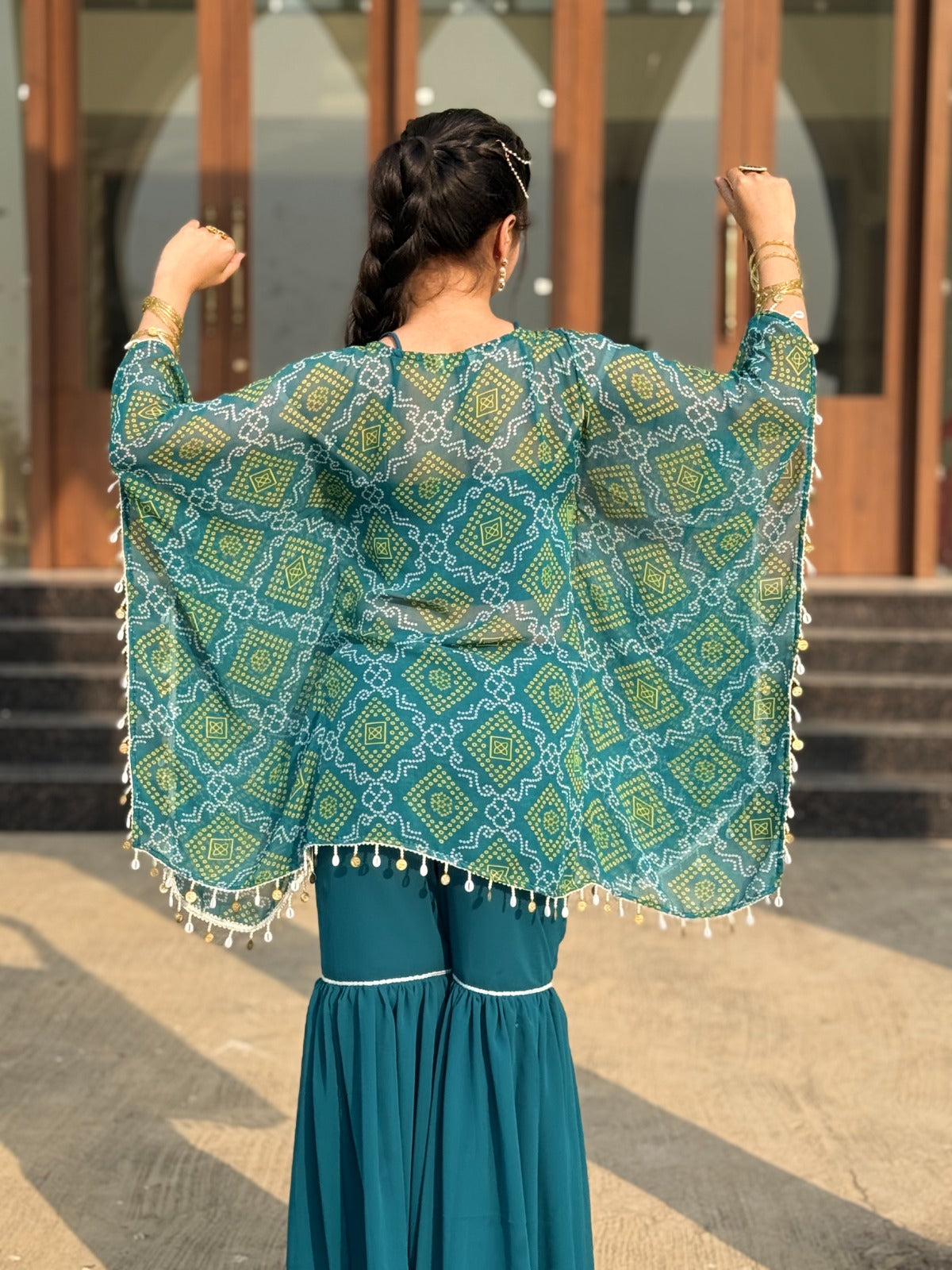 “Aafreen” Green Bandhej 3-piece Kaftan Sharara Set