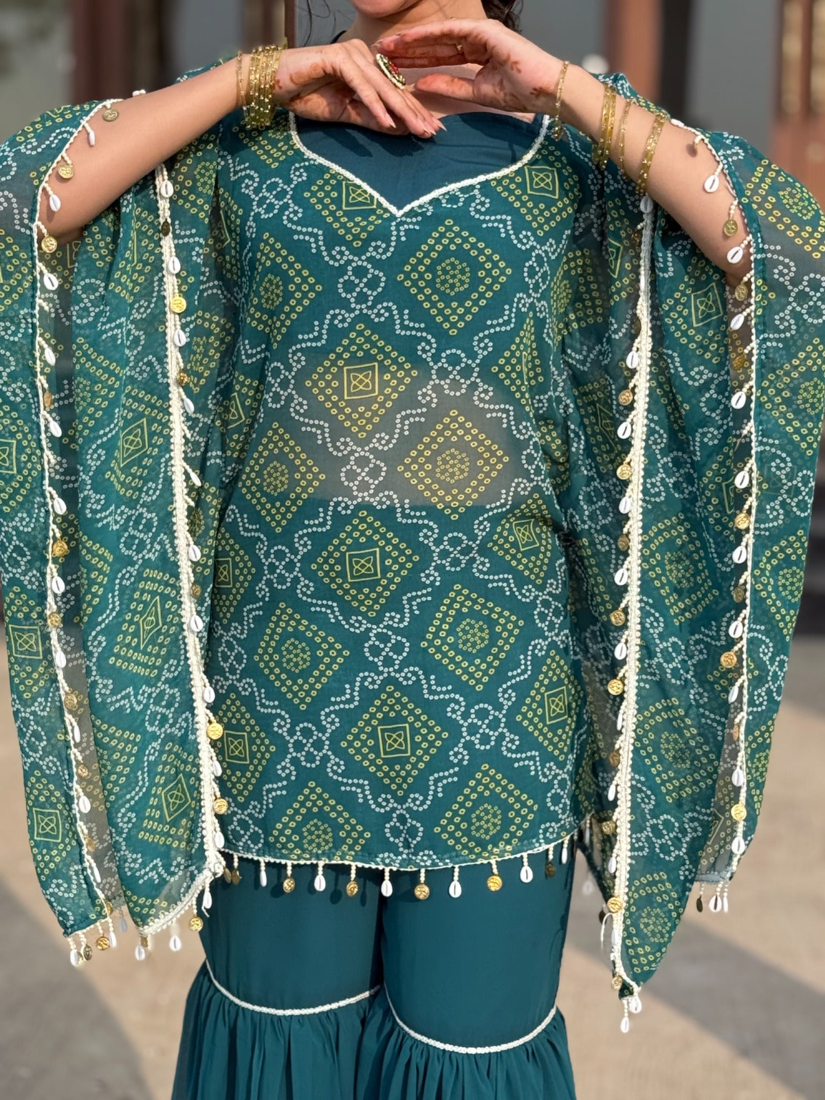 “Aafreen” Green Bandhej 3-piece Kaftan Sharara Set