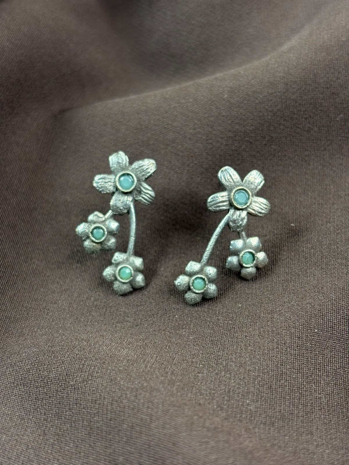 Silver Flower Studs Aqua