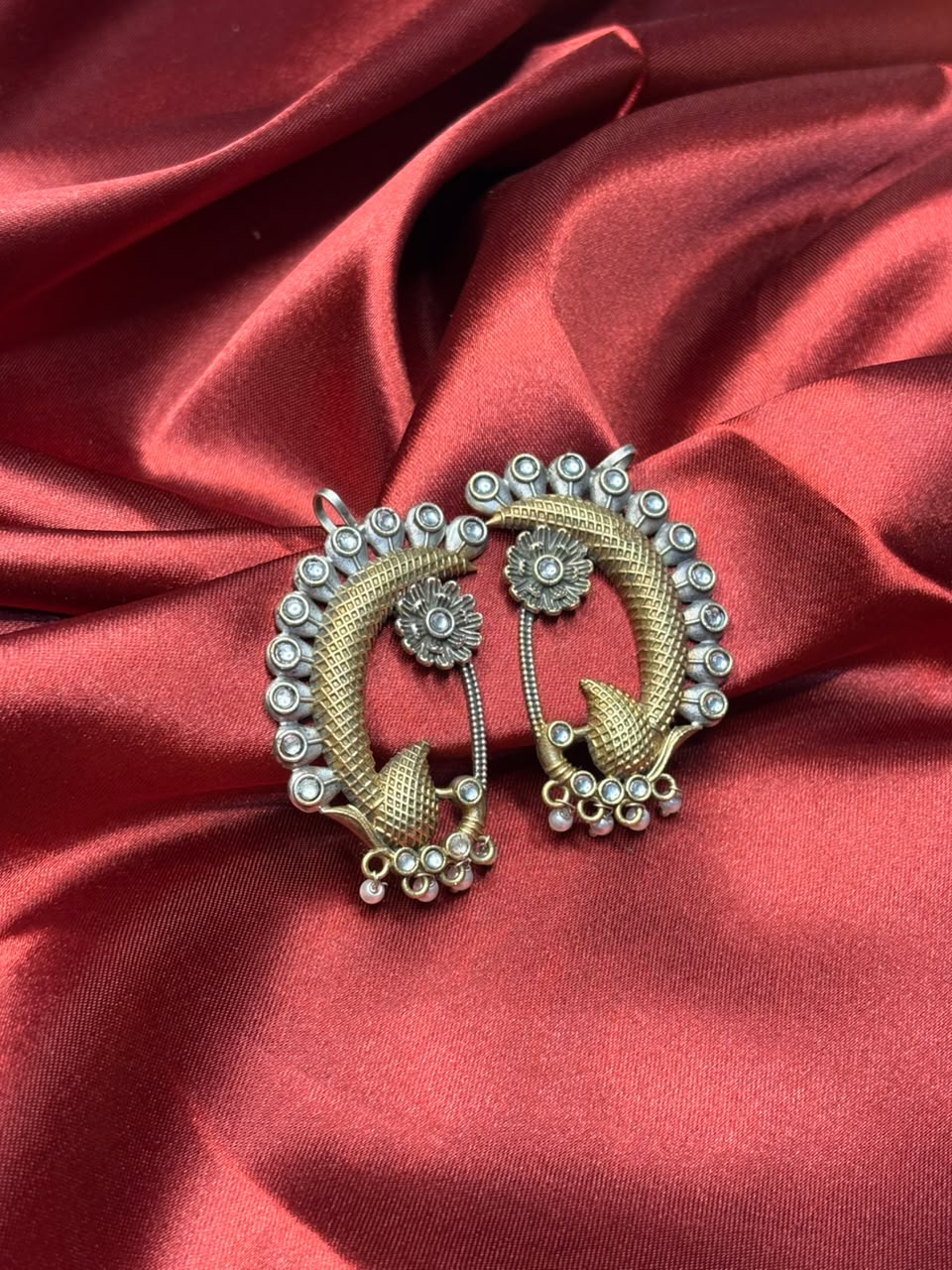 Premium Two-Tone Peacock Earcuff With Stone & Pearl Work