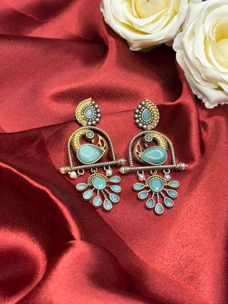 Two Tone Premium Peacock Earrings Aqua
