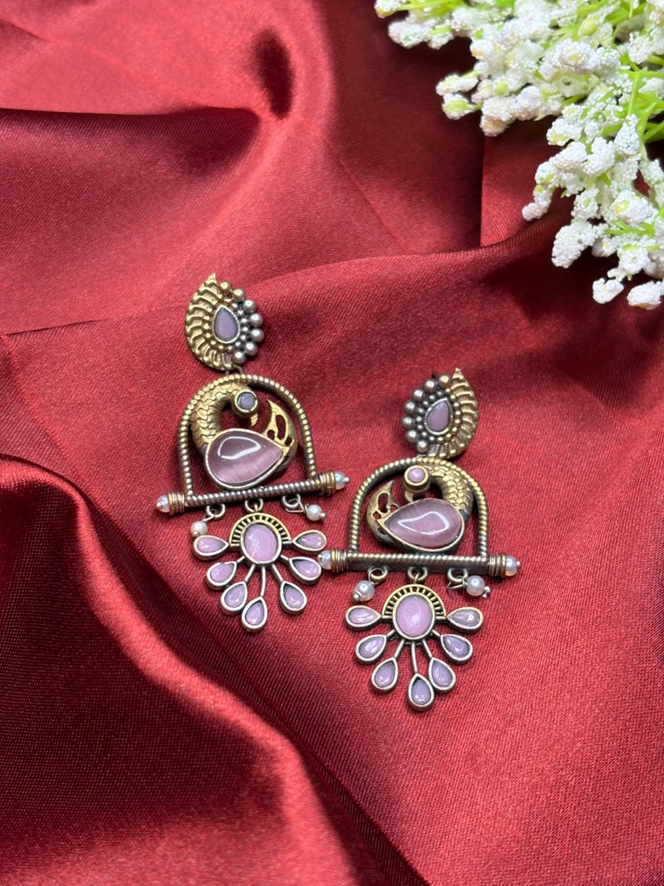 Two Tone Premium Peacock Earrings Baby Pink