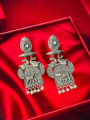 Silver Elephant Dangler Earrings With Stone
