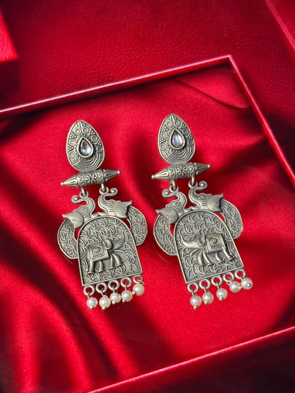 Silver Elephant Dangler Earrings With Stone