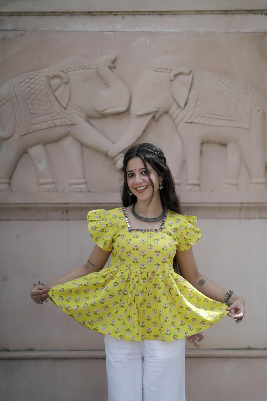 Phoolkari Frill Yellow Kurti Top