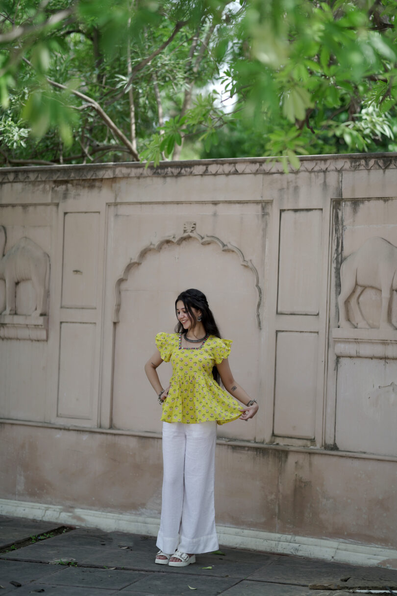 Phoolkari Frill Yellow Kurti Top - Image 2