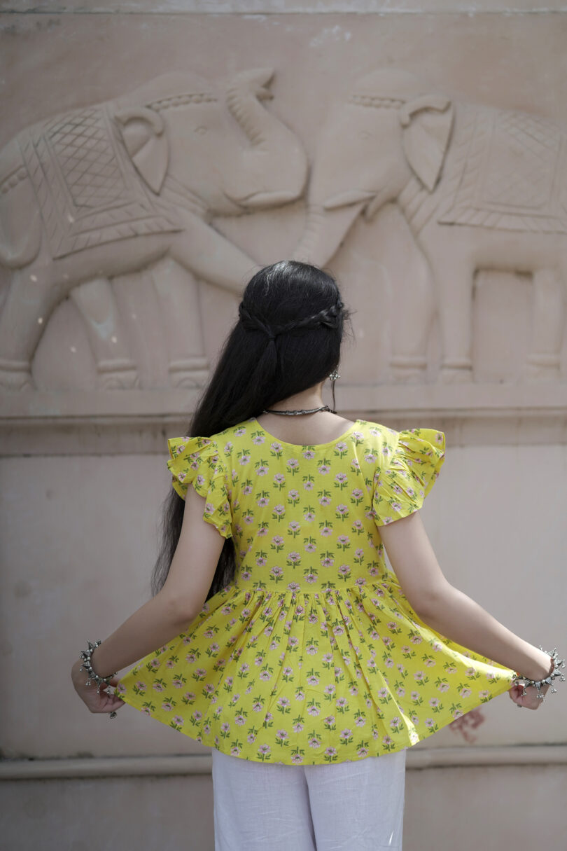 Phoolkari Frill Yellow Kurti Top - Image 4