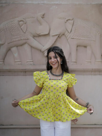 Phoolkari Frill Yellow Kurti Top